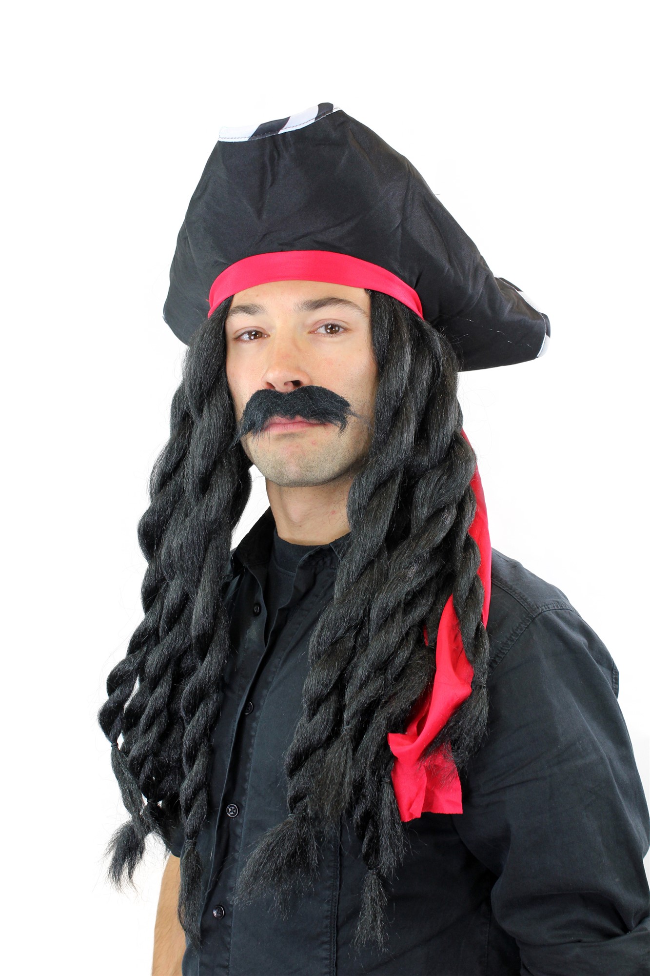 günstige Party Perücke, Piraten Set: Hut Bart & schwarze Perücke geflochtene Zöpfe Dreadlocks 68903-103, Ansicht 6, WIG ME UP: Ihr Perücken Online Shop geflochtene Party Perücke Schwarz lange Haare Unisex