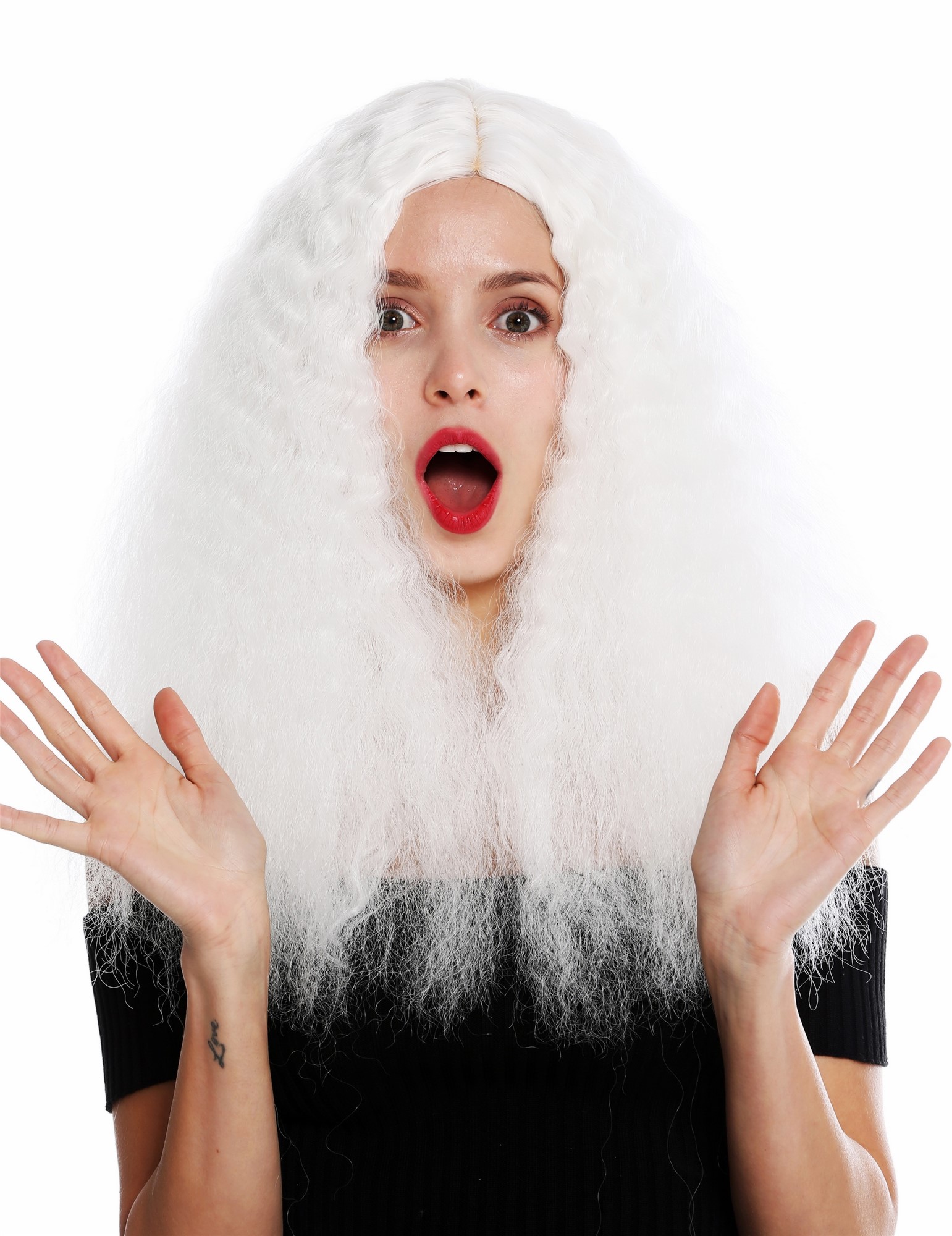 hochwertige Qualitätsperücken, Perücke lang Kraus Locken Volumen Mittelscheitel Weiß YZF-7304-1001, Vorderansicht, WIG ME UP: Ihr Perücken Online Shop lockige Tressen-Perücke mit Kopfhaut-Imitat Blütenweiß lange Haare für Damen