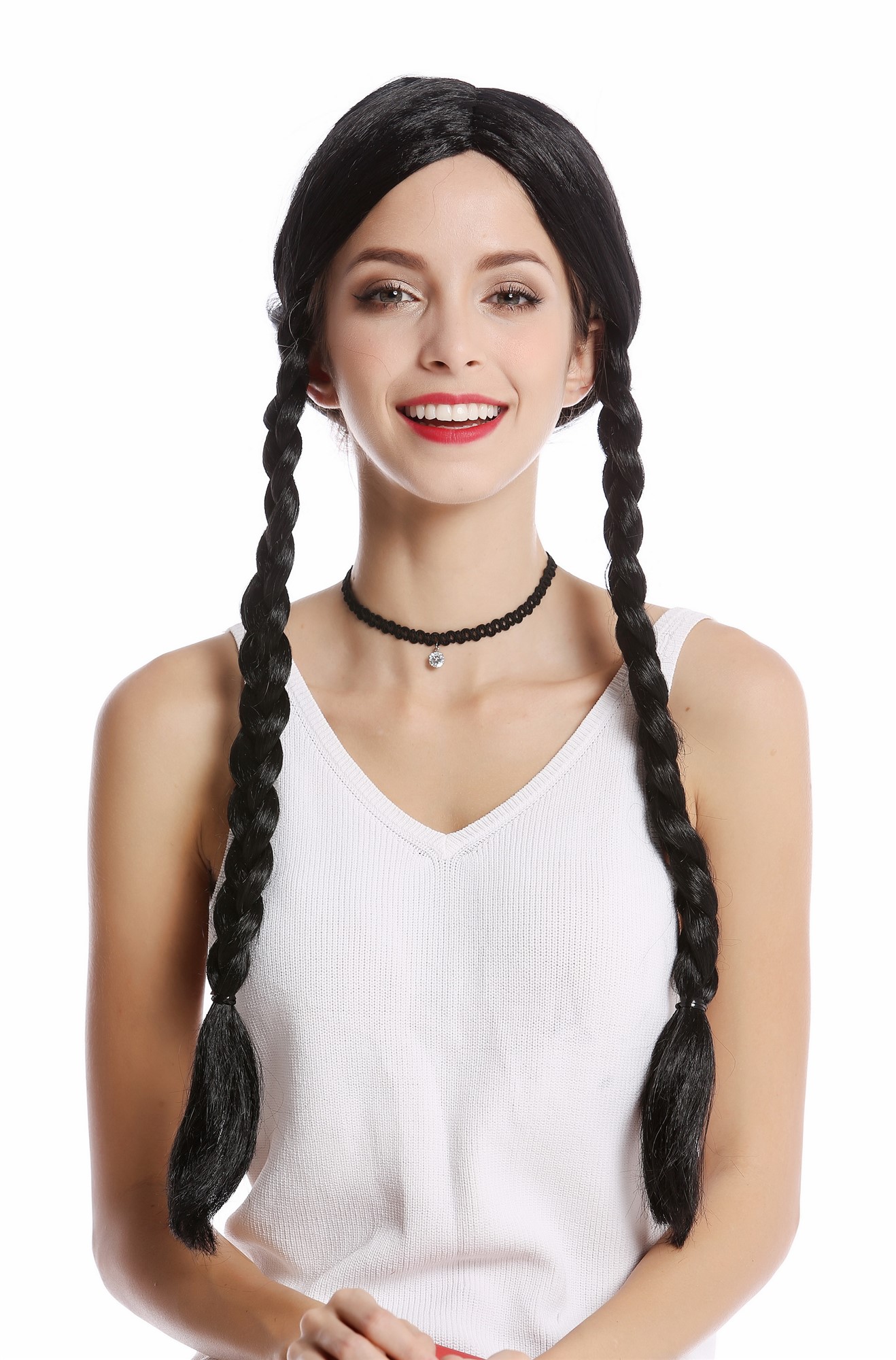 Lady Wig Women black long plaited braids middle-parting Lolita Schoolgirl 90835, view 2, WIG ME UP: Your Perücken Online Shop Party Wig, Ladies, Black, Braided, long