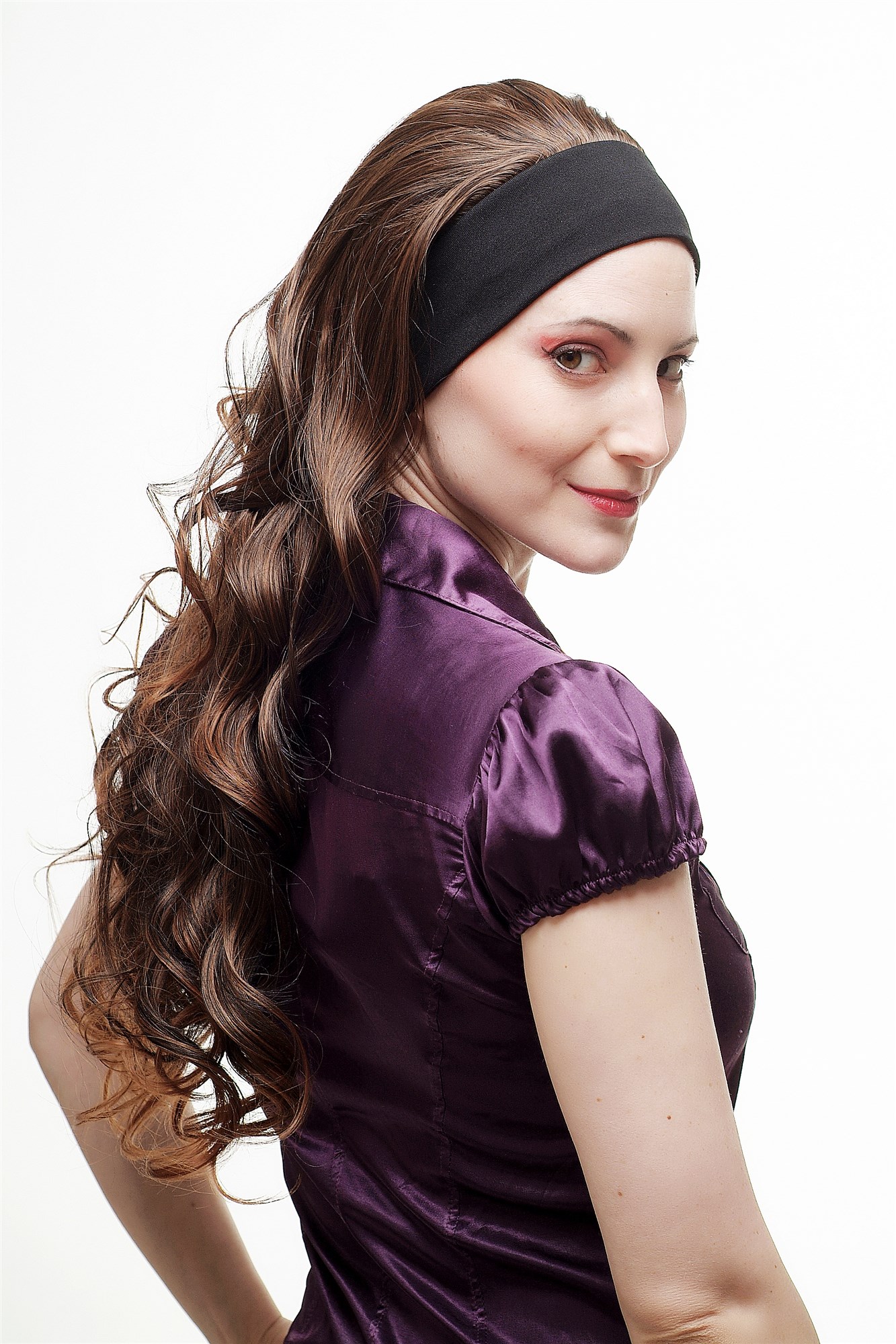Lady  Wig on elastic black headband very long curling chestnut brown mix strands 25", view 2, WIG ME UP: Your Perücken Online Shop Quality Wigs, Ladies, Brown, curled, long