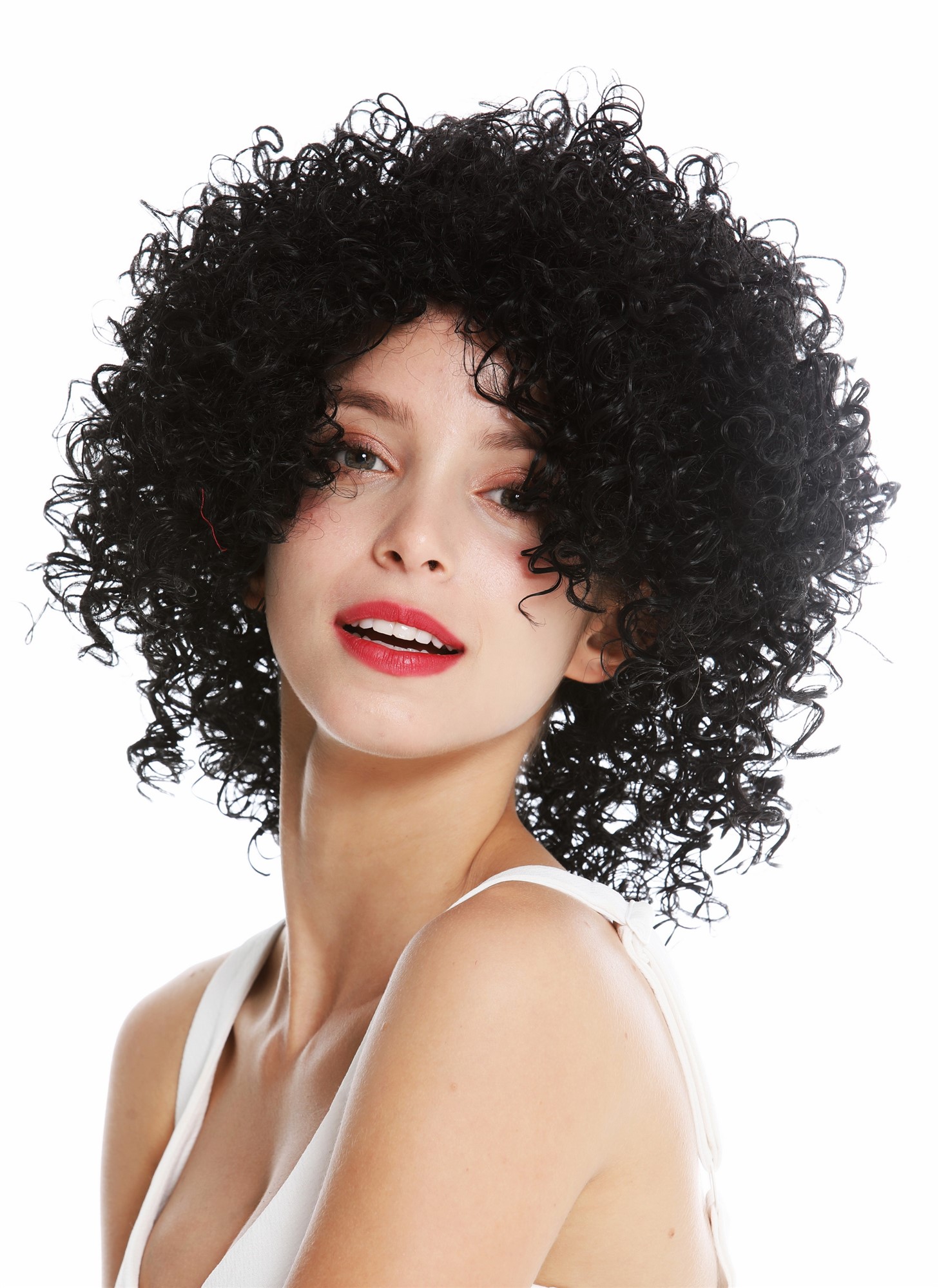 hochwertige Qualitätsperücken, Perücke kurz voluminös gelockt Schwarz VK-11-1B, Ansicht 3, WIG ME UP: Ihr Perücken Online Shop lockige Tressen-Perücke Samtschwarz kurze Haare für Damen