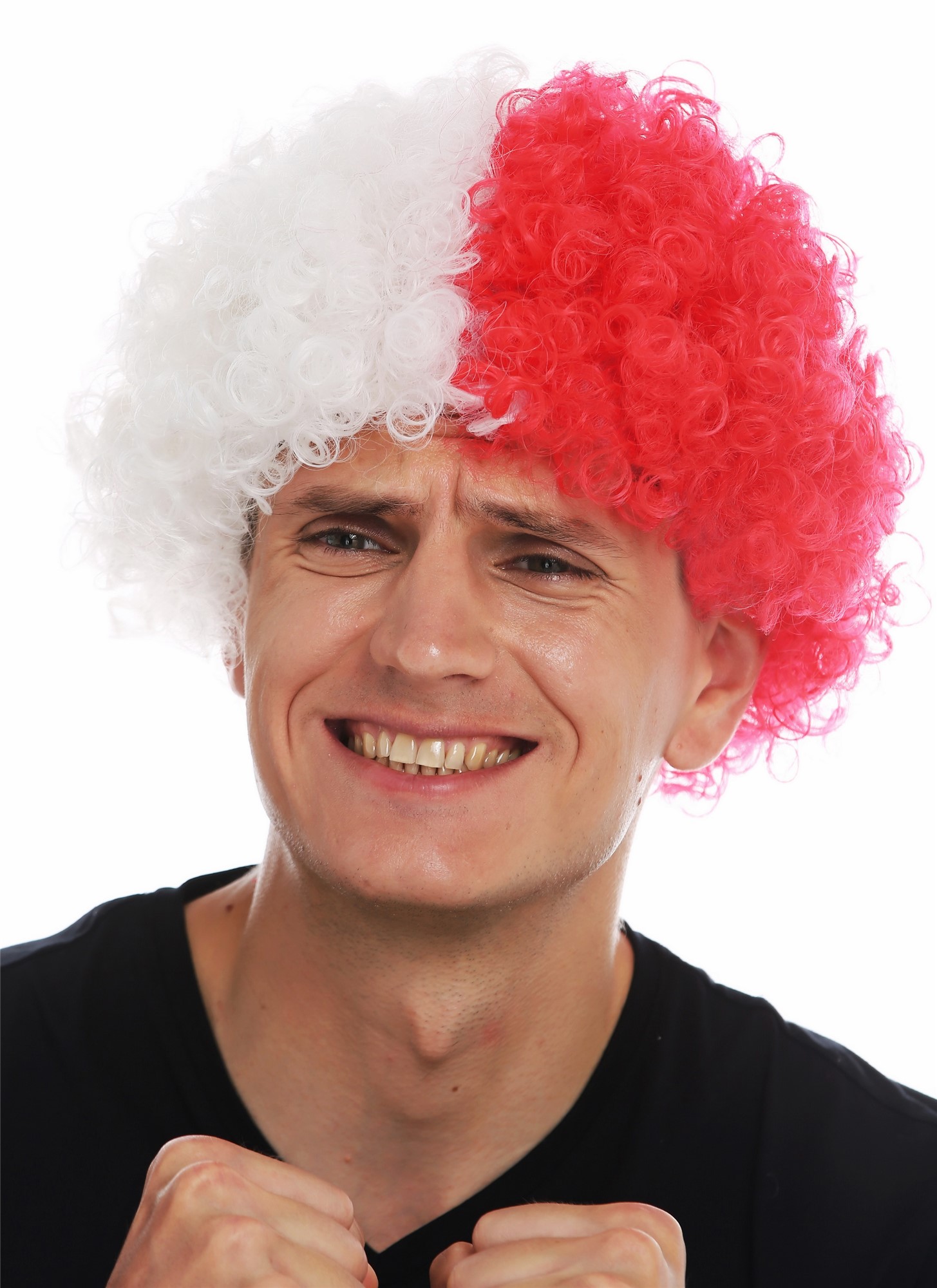 Fan wig carnival afro soccer football world cup white red half and half MMAM-15M, front view, WIG ME UP: Your Perücken Online Shop Party Wig, Unisex, red-white mix, curled, short