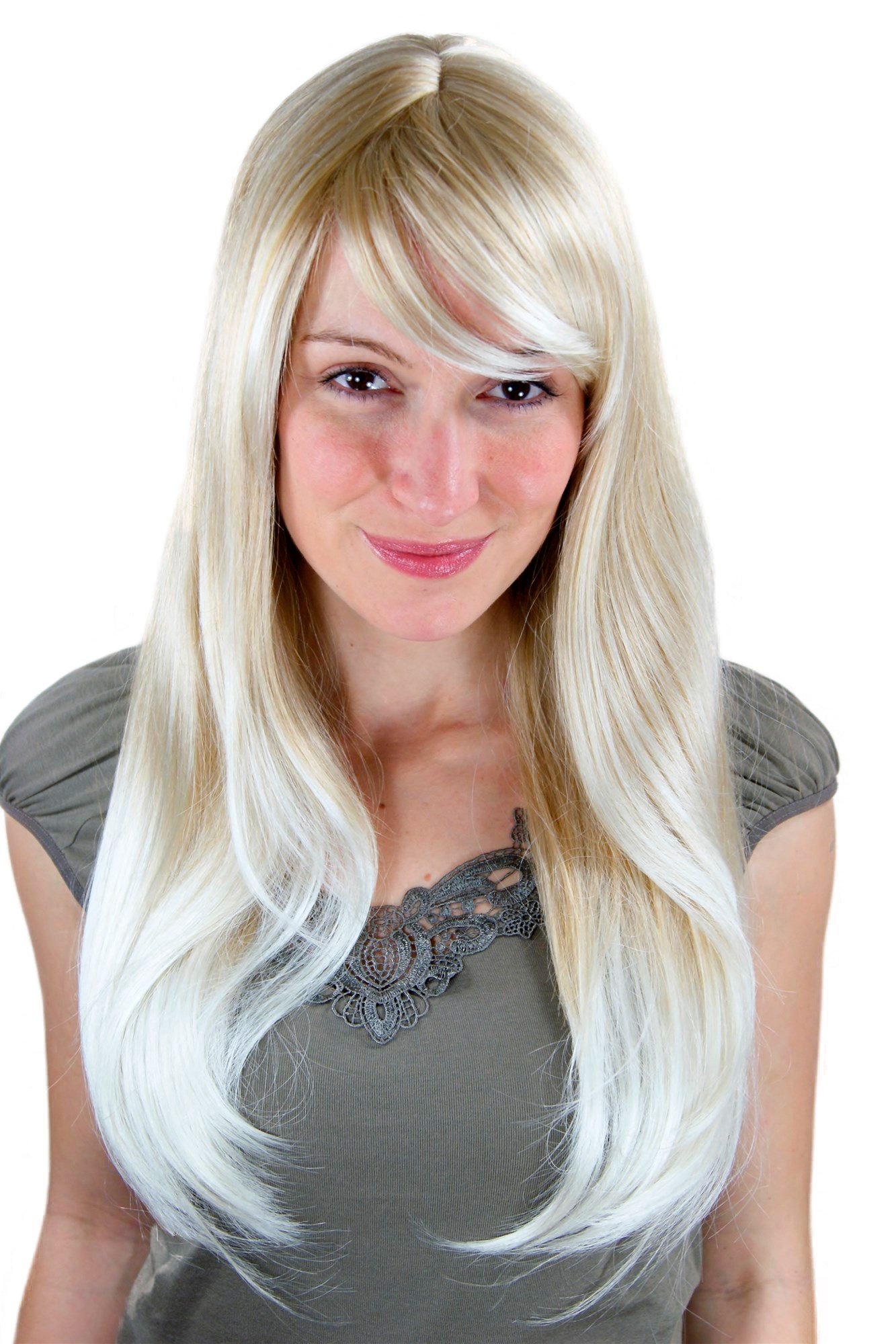 Lady women wig fringe parted straight long blonde platinum highlights tips 3115, front view, WIG ME UP: Your Perücken Online Shop Quality Wigs, Ladies, Blonde, straight, long