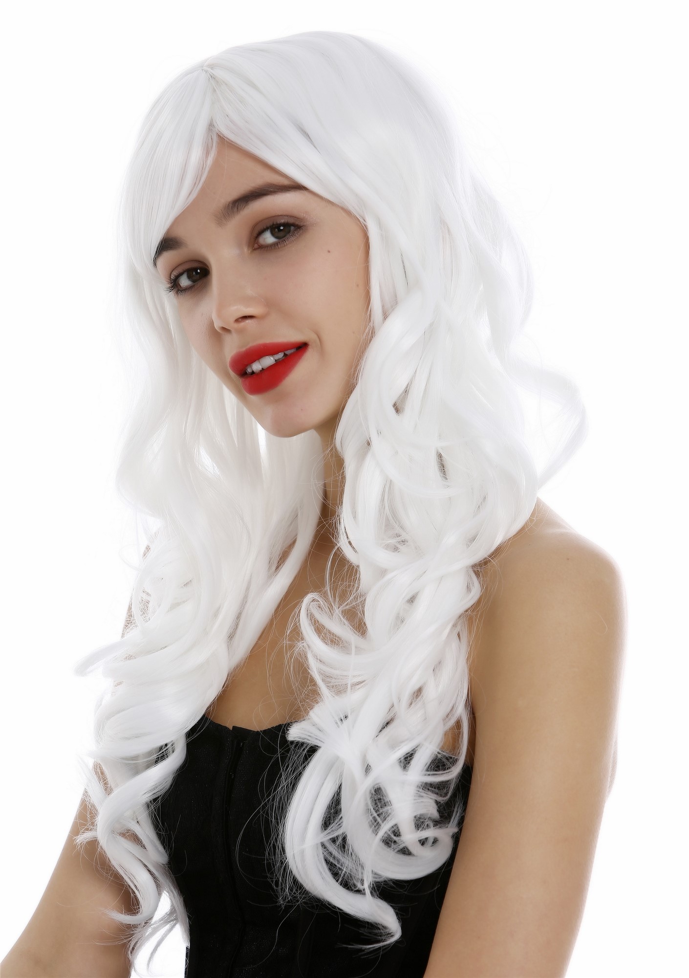 hochwertige Qualitätsperücken, Lange Damen Perücke mit großen kräftigen Locken Pony Weiß 285-1001, Vorderansicht, WIG ME UP: Ihr Perücken Online Shop lockige Tressen-Perücke mit Kopfhaut-Imitat Blütenweiß lange Haare für Damen