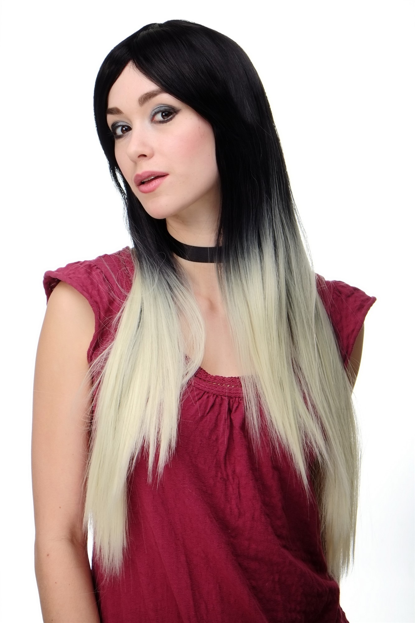 hochwertige Qualitätsperücken, Perücke Ombre Schwarz Platin Glatt Mittelscheitel H9701-2F613, Ansicht 5, WIG ME UP: Ihr Perücken Online Shop glatte Tressen-Perücke mit Kopfhaut-Imitat Schwarz-Platinblond sehr lange Haare für Damen