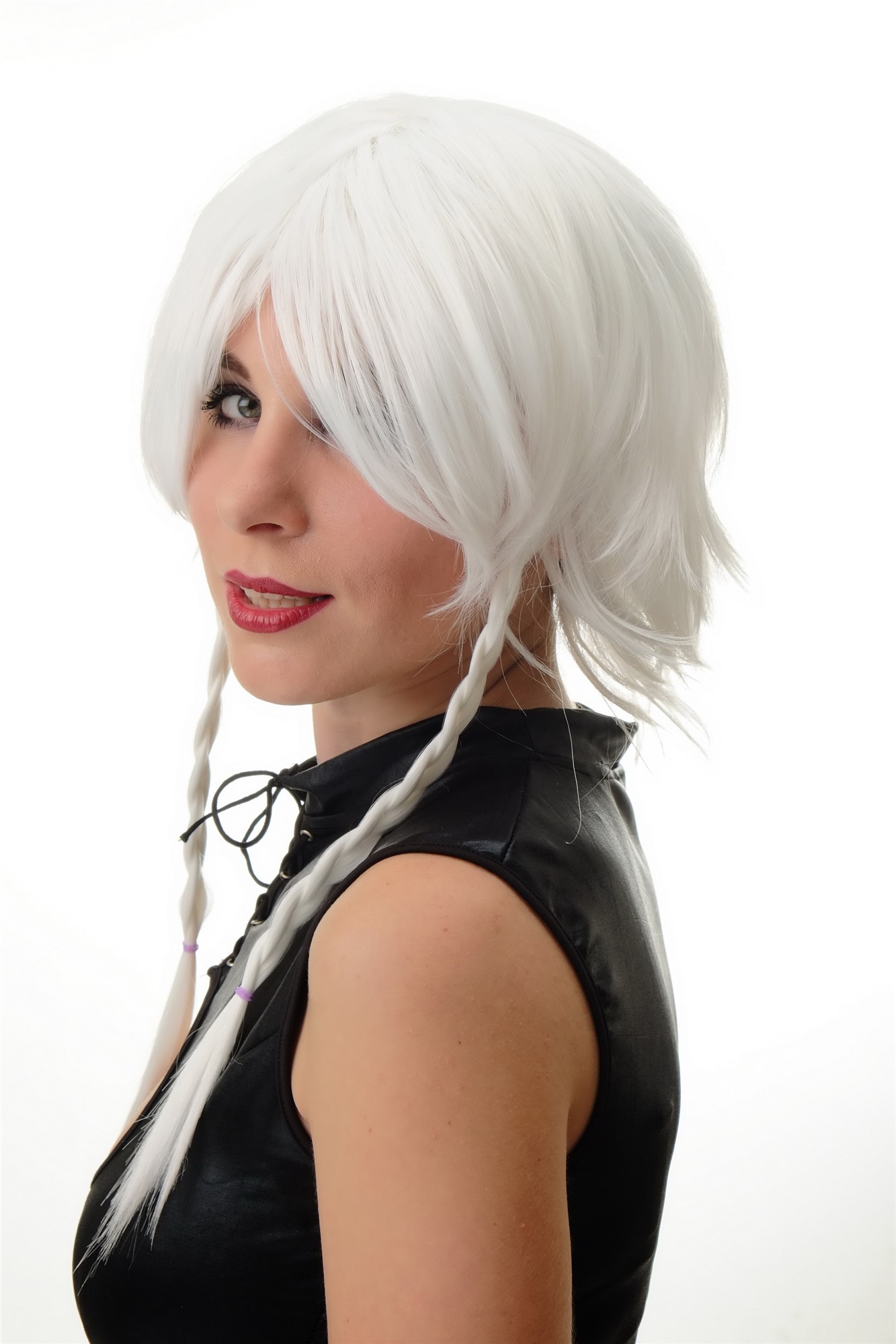 Lady Party Wig Cosplay short Bob with long plaits braids white Goth Emo PT0042, view 2, WIG ME UP: Your Perücken Online Shop Party Wig, Ladies, White, Braided, long