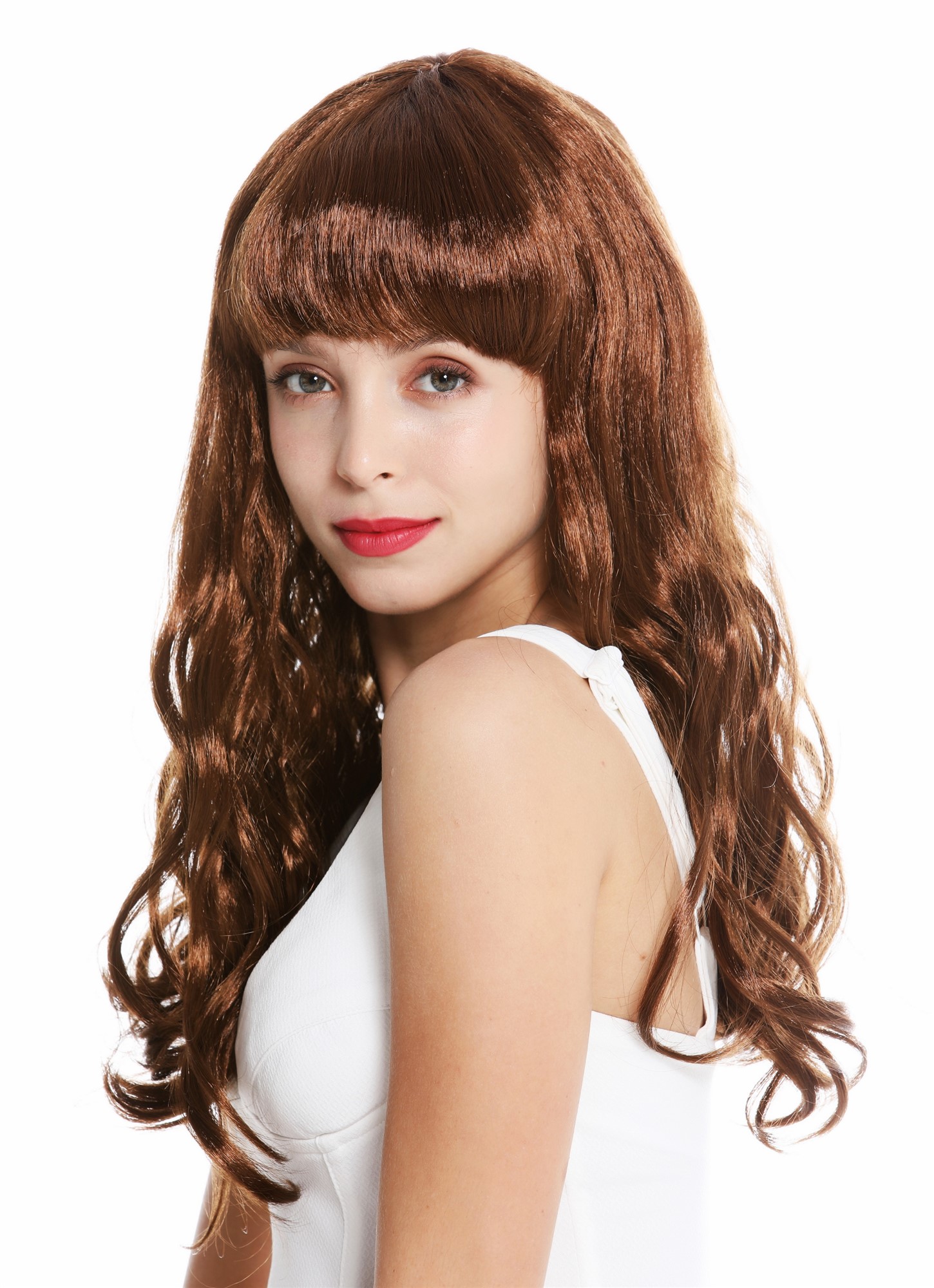 günstige Party Perücke, Perücke Pony Braun Lang Burlesque 50er Jahre Pin-Up Star 90649-ZA6A, Ansicht 3, WIG ME UP: Ihr Perücken Online Shop wellige Party Perücke Mittelbraun lange Haare für Damen