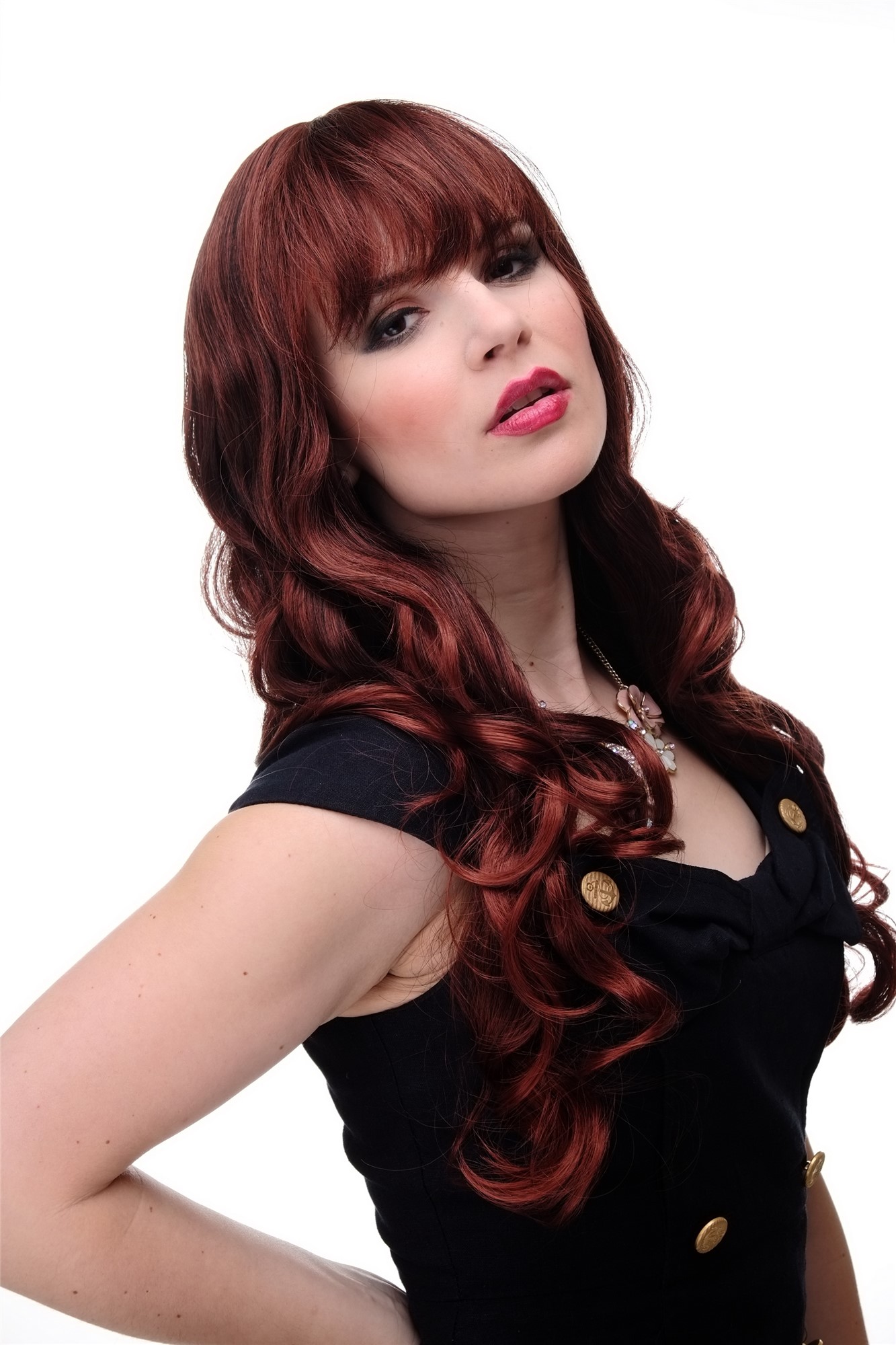 Lady wig very long curling tips straight top fringe bangs mahogany brown 285, view 3, WIG ME UP: Your Perücken Online Shop Quality Wigs, Ladies, mahogany-medium brown mix, curled, long