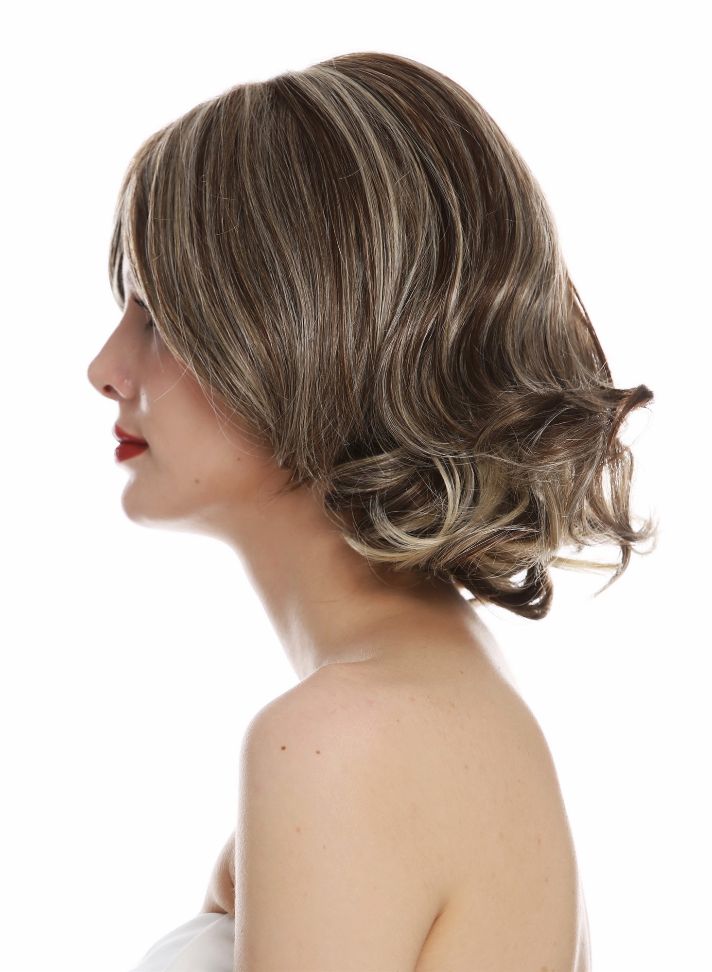 hochwertige Qualitätsperücken, Perücke Monofilament kurz wellig Braun Blond gesträhnt TYM-112-MT-CHOCO, Ansicht 3, WIG ME UP: Ihr Perücken Online Shop wellige Tressen-Perücke mit Teil-Mono Oberkopf Braun-Blond-Mix kurze Haare für Damen