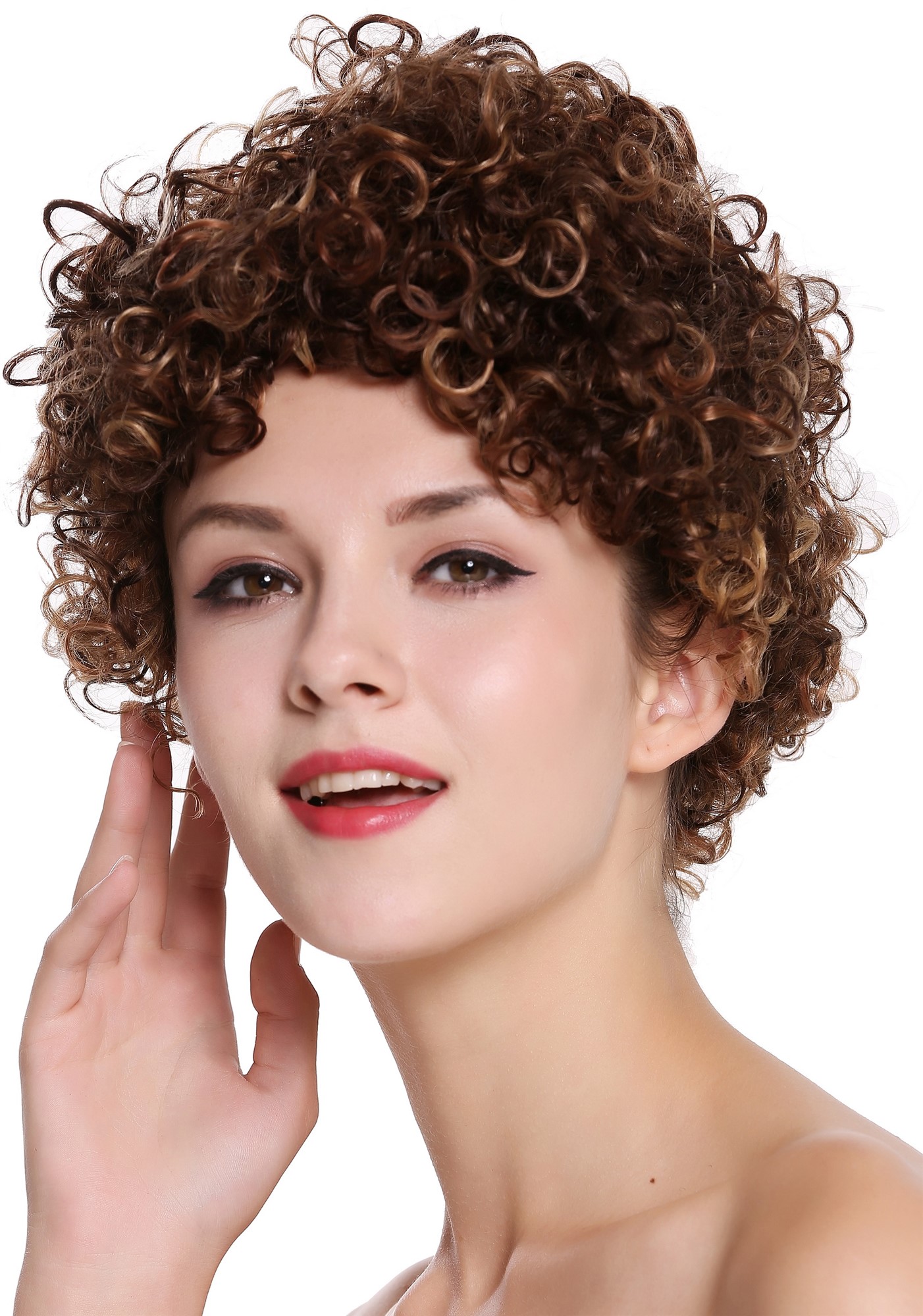 hochwertige Qualitätsperücken, Echthaar Perücke kurz Locken Braun Blond Gesträhnt RGH-5290W-HH-F4/27/30, Ansicht 3, WIG ME UP: Ihr Perücken Online Shop lockige Tressen-Perücke 100% Echthaar Dunkelbraun-Erdbeerblond-Kupferbraun-Mix kurze Haare für Damen