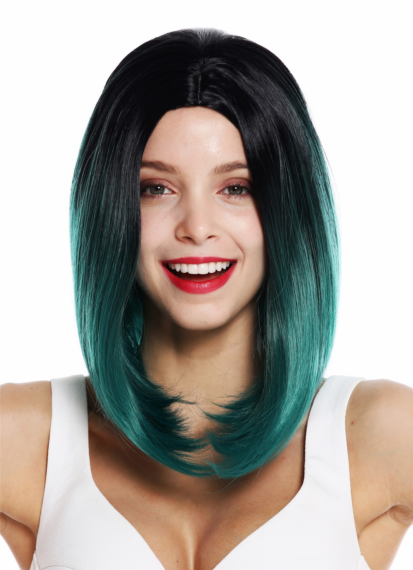 hochwertige Qualitätsperücken, Perücke kurz Longbob Mittelscheitel glatt Ombre Schwarz Grün ZM-1769-BDR1B, Ansicht 2, WIG ME UP: Ihr Perücken Online Shop glatte Tressen-Perücke mit Kopfhaut-Imitat Schwarz-Grün-Mix schulterlange Haare für Damen