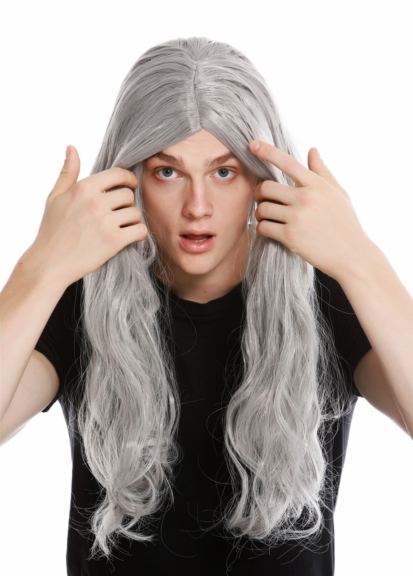 günstige Party Perücke, Perücke lang wild Mittelscheite Grau LM-155-ZA68E, Ansicht 3, WIG ME UP: Ihr Perücken Online Shop wellige Party Perücke Hellgrau lange Haare Unisex