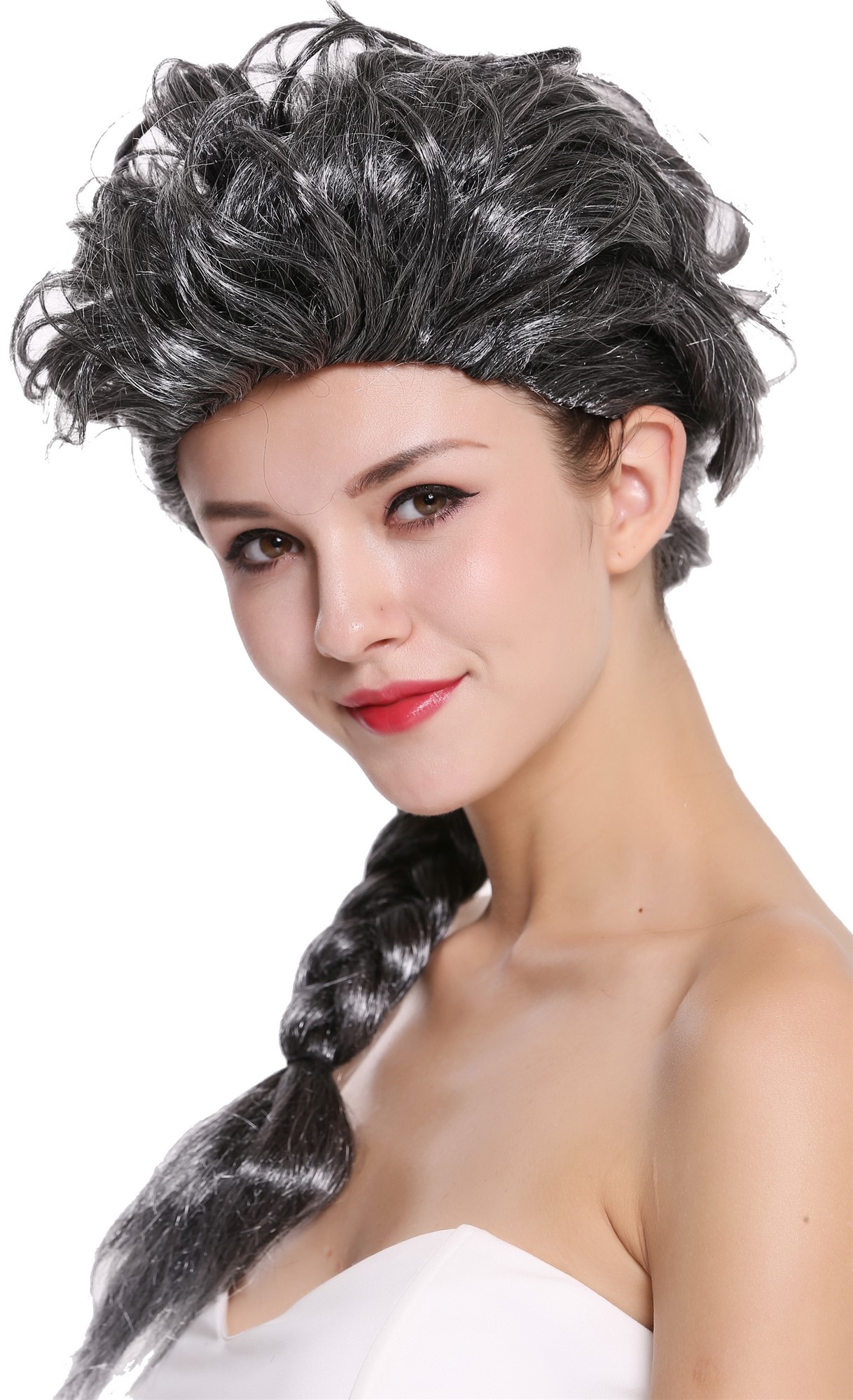 Baroque Lady Party Wig black white mix streaked long braided ponytail 051, view 3, WIG ME UP: Your Perücken Online Shop Party Wig, Ladies, Grey, Braided, long