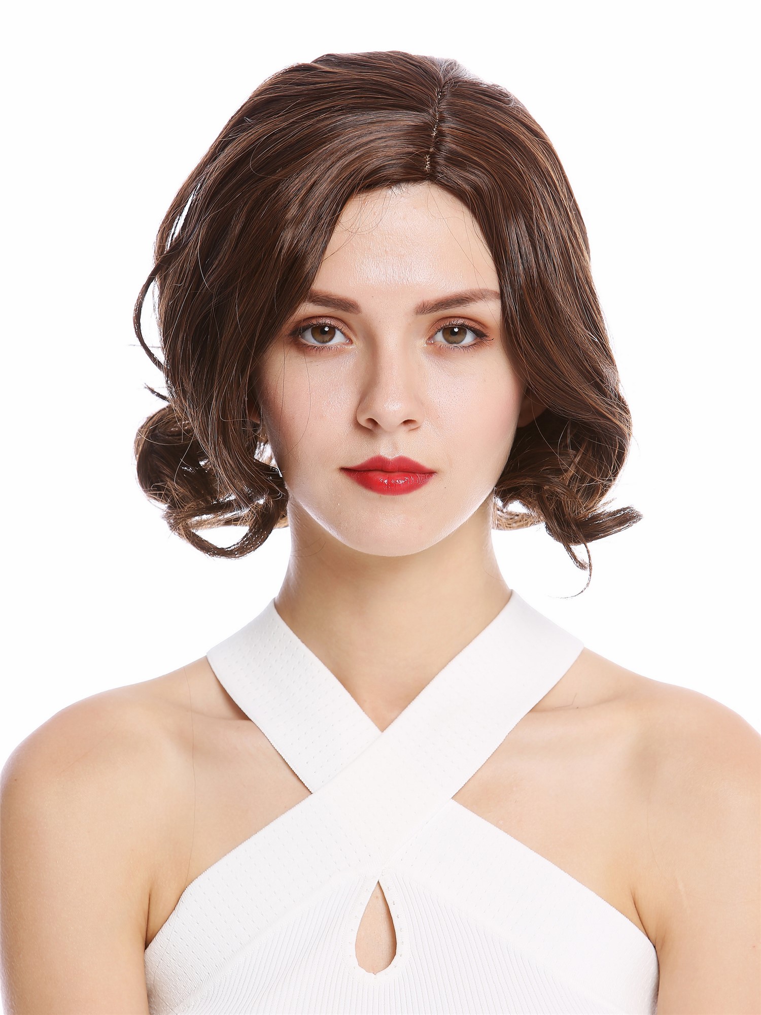 hochwertige Qualitätsperücken, Perücke kurz Longbob gewellt Mittelscheitel Kastanie Braun Mix YZF-4372-3/30, Ansicht 2, WIG ME UP: Ihr Perücken Online Shop lockige Tressen-Perücke mit Kopfhaut-Imitat Braun-Mix kurze Haare für Damen