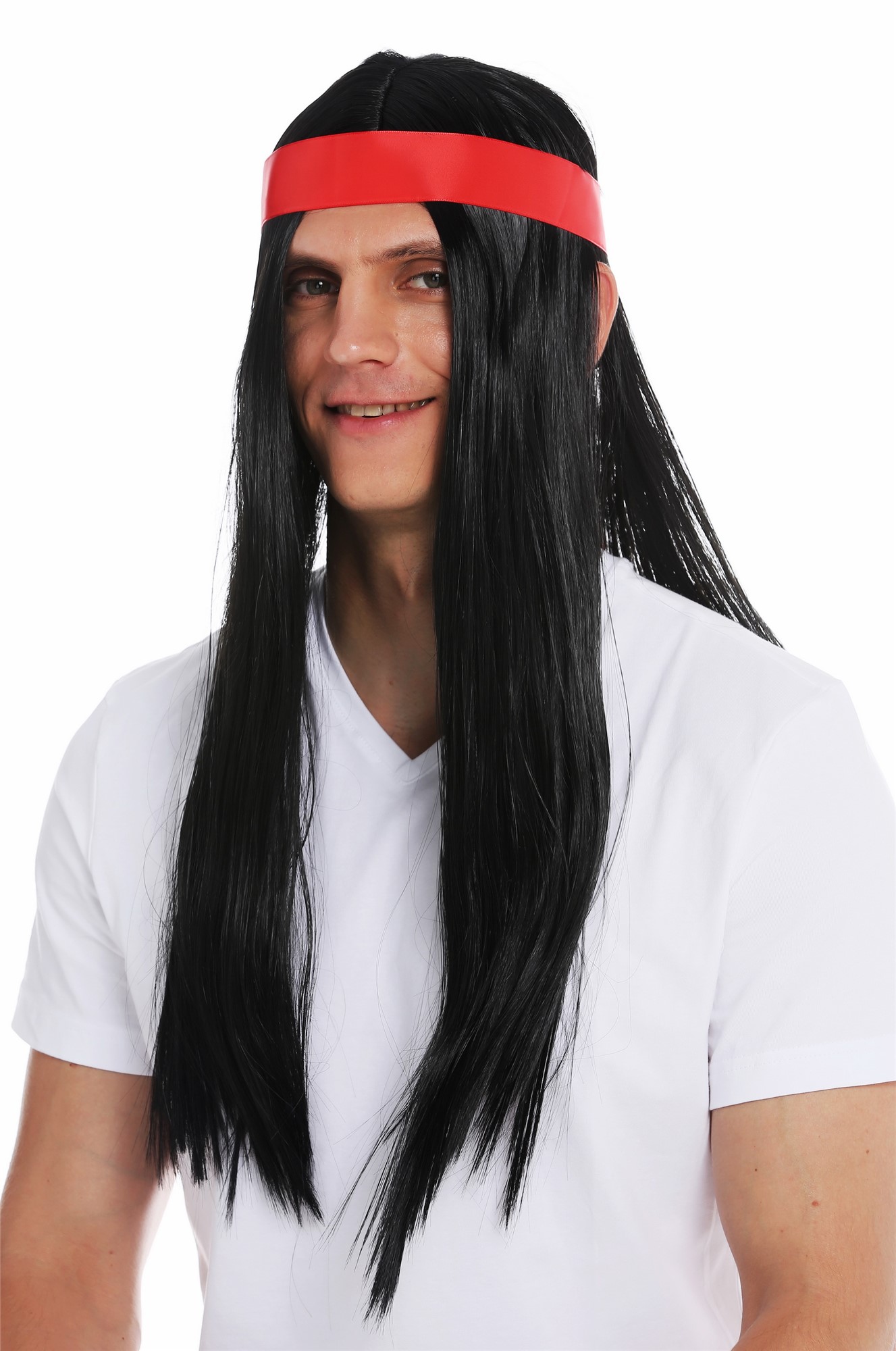 Wig men women 70's Native American black sleek middle parting head band 7093, view 4, WIG ME UP: Your Perücken Online Shop Party Wig, Unisex, pitch black, straight, long