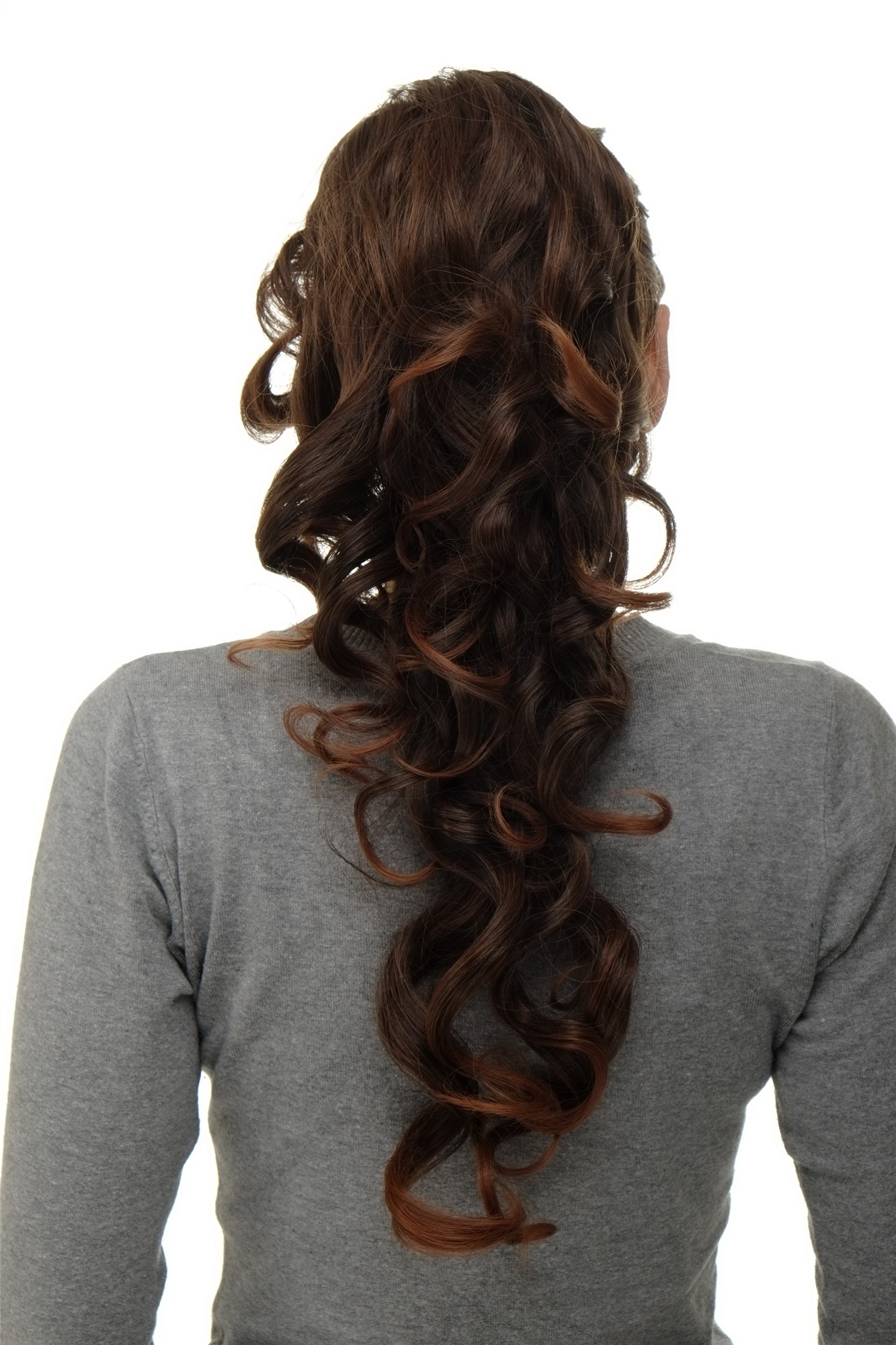 Ponytail clamp combs draw string curled voluminous long chestnut brown mix WK08, front view, WIG ME UP: Your Perücken Online Shop Ponytails, brown mix, curled, long