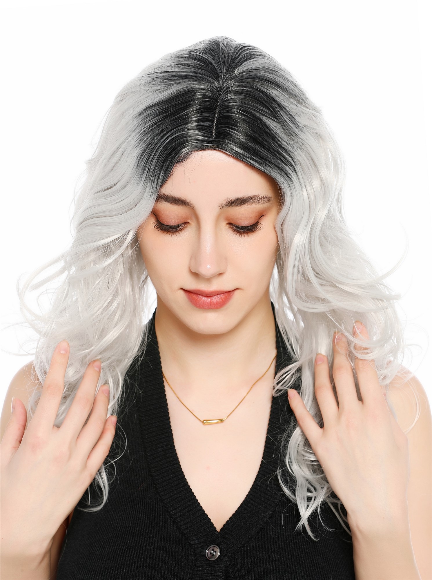 Perücke Damen lang voluminös wild gewellt wellig Mittelscheitel Ombre Schwarz Hellgrau GFW1832-silvergray+1B
