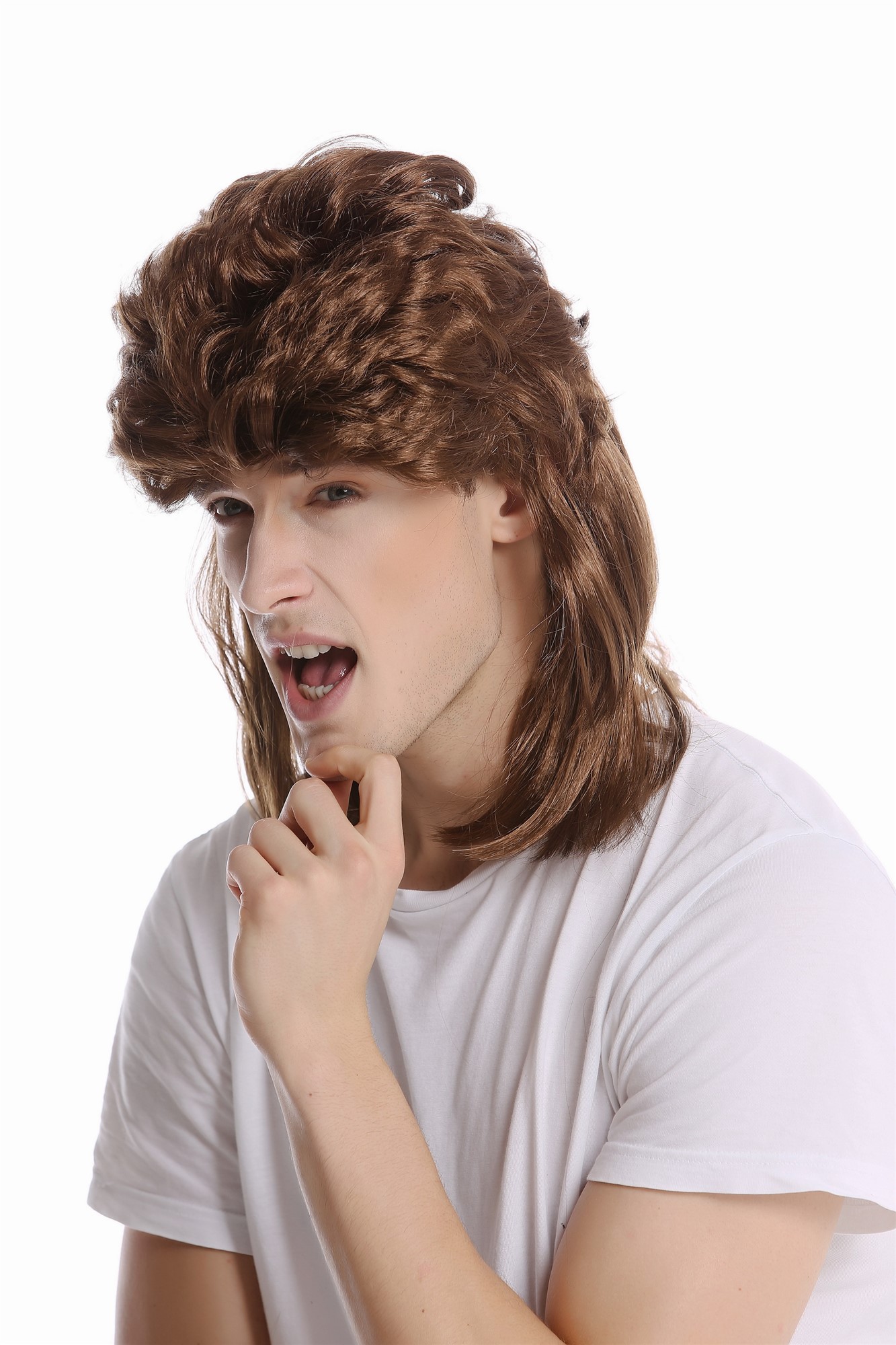 G-2-ZA6 Wig Ladies Men Halloween Carnival mullet brown teased backcombed 80s, front view, WIG ME UP: Your Perücken Online Shop Party Wig, Unisex, Brown, wavy, shoulder-length