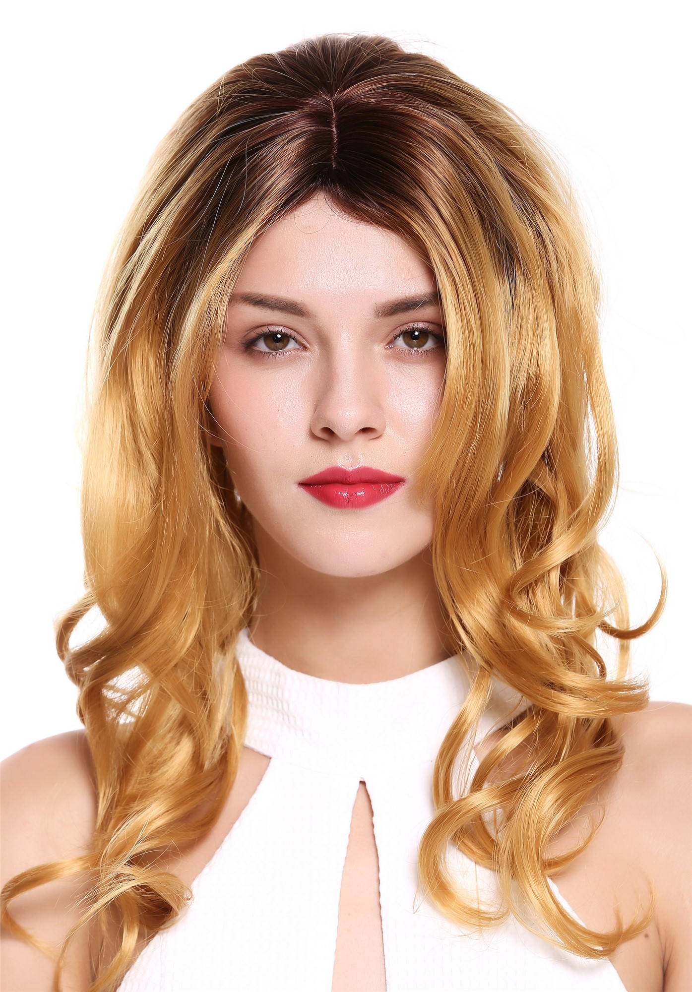 hochwertige Qualitätsperücken, Perücke Lang Gewellt Mittelscheitel Ombre Braun Blond DW1595-YS649SK6, Vorderansicht, WIG ME UP: Ihr Perücken Online Shop wellige Tressen-Perücke mit Kopfhaut-Imitat Kupferblond-Mittelbraun-Mix lange Haare für Damen