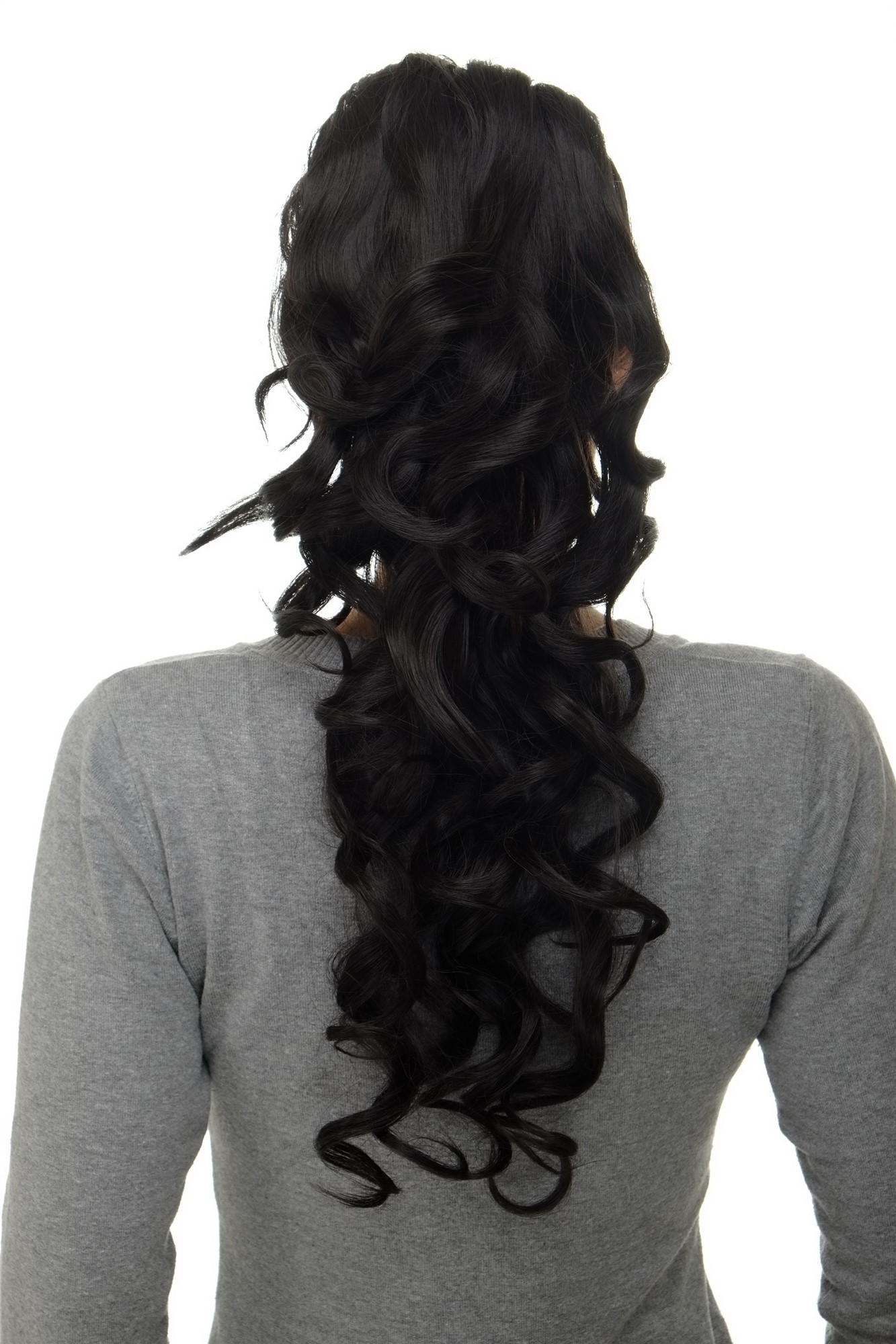 hochwertiges Haarteil Butterfly-Clip + Steckkämme + Gummizug lockig Dunkelbraun WK08-3, Vorderansicht, WIG ME UP: Ihr Perücken Online Shop lockiges Zopf-Haarteil Dunkelbraun 60 cm lang