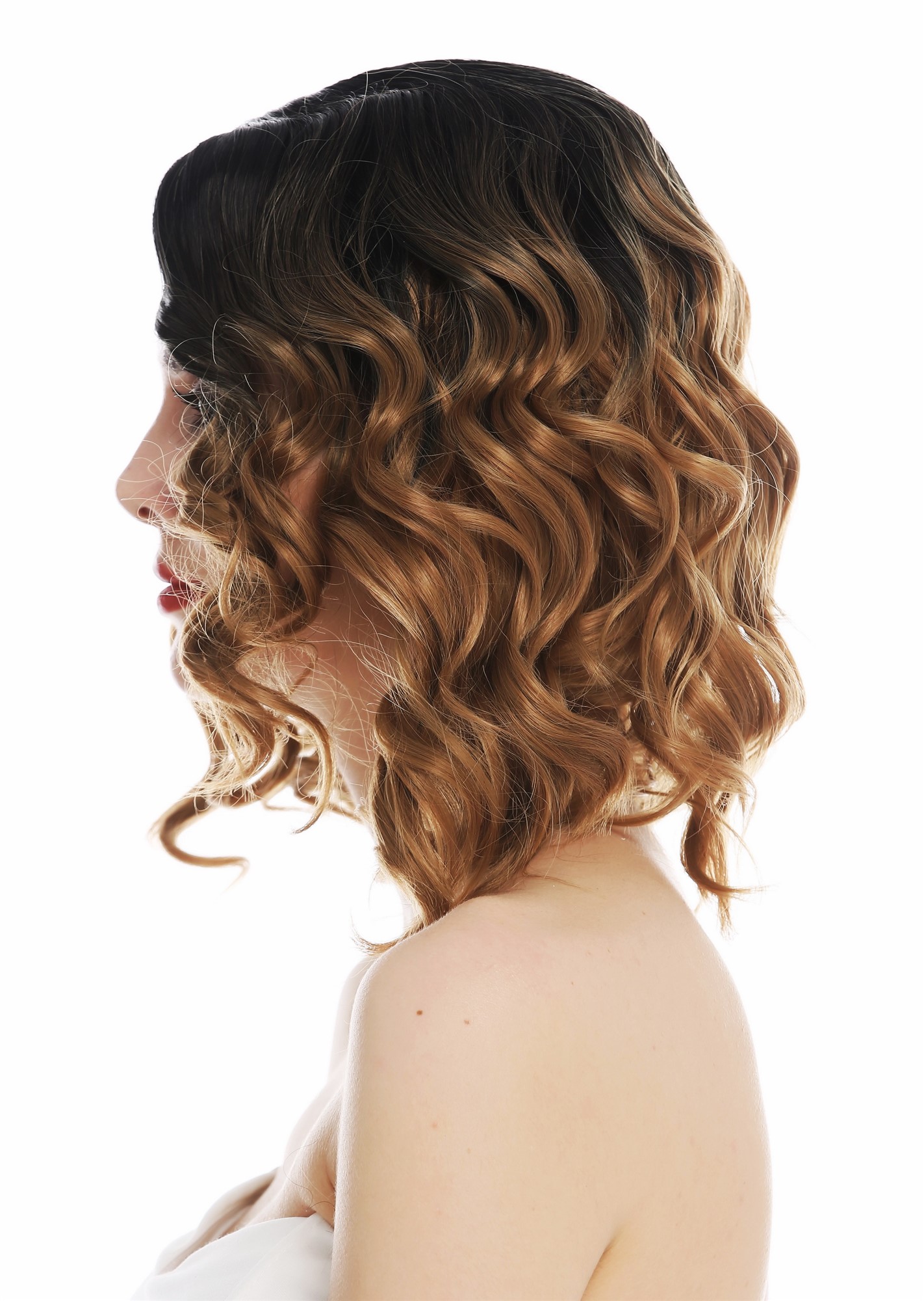 hochwertige Qualitätsperücken, Perücke schulterlang gewellt Scheitel Ombre Balayage Schwarz-Blond-Braun-Mix MS9026-R2/27/30, Ansicht 3, WIG ME UP: Ihr Perücken Online Shop lockige Tressen-Perücke mit Kopfhaut-Imitat Schwarz-Blond-Braun-Mix kurze Haare für Damen