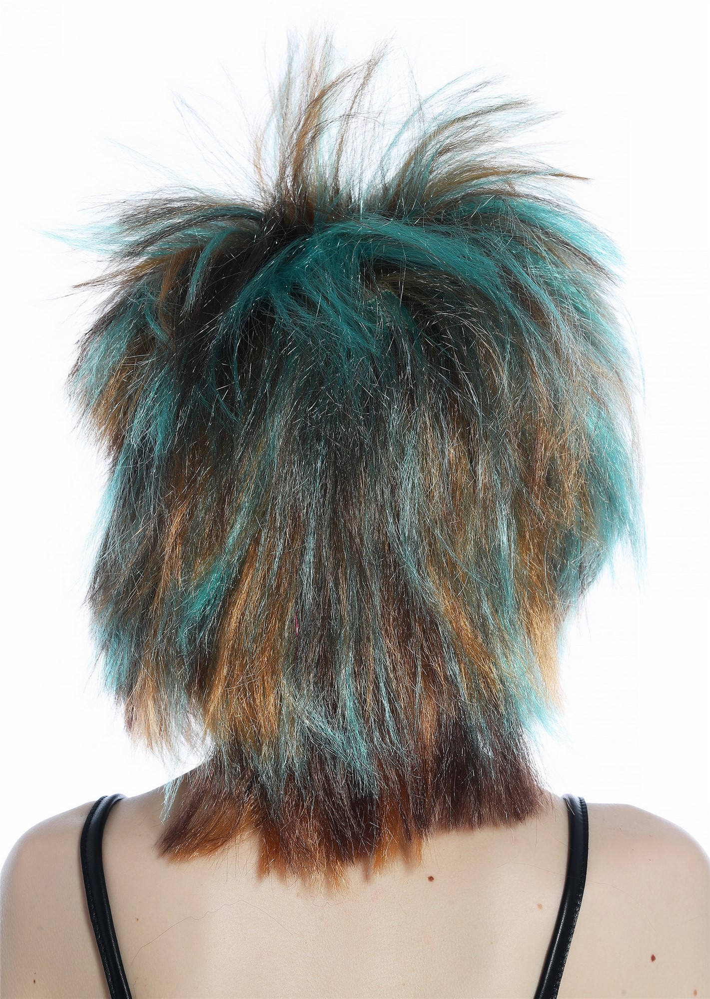 günstige Party Perücke, Perücke Punk Wave Braun bunte Strähnen hoch toupiert 80s 210165-FR36-4-98, Ansicht 6, WIG ME UP: Ihr Perücken Online Shop glatte Party Perücke Kupfer, Kastanie, Türkis bunt gesträhnt schulterlange Haare Unisex