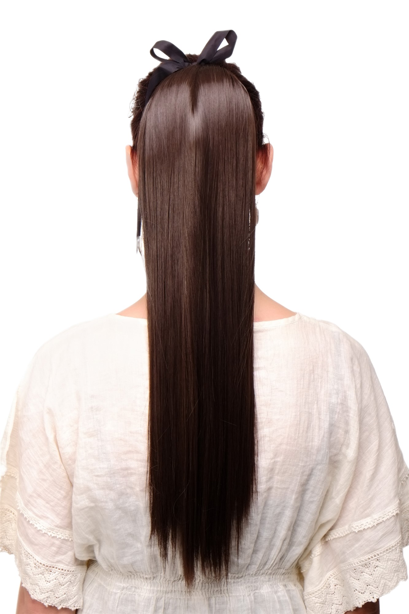Hairpiece PONYTAIL extension long straight light with ribbon and comb wrap around system chocolate, front view, WIG ME UP: Your Perücken Online Shop Ponytails, medium brown, straight, long