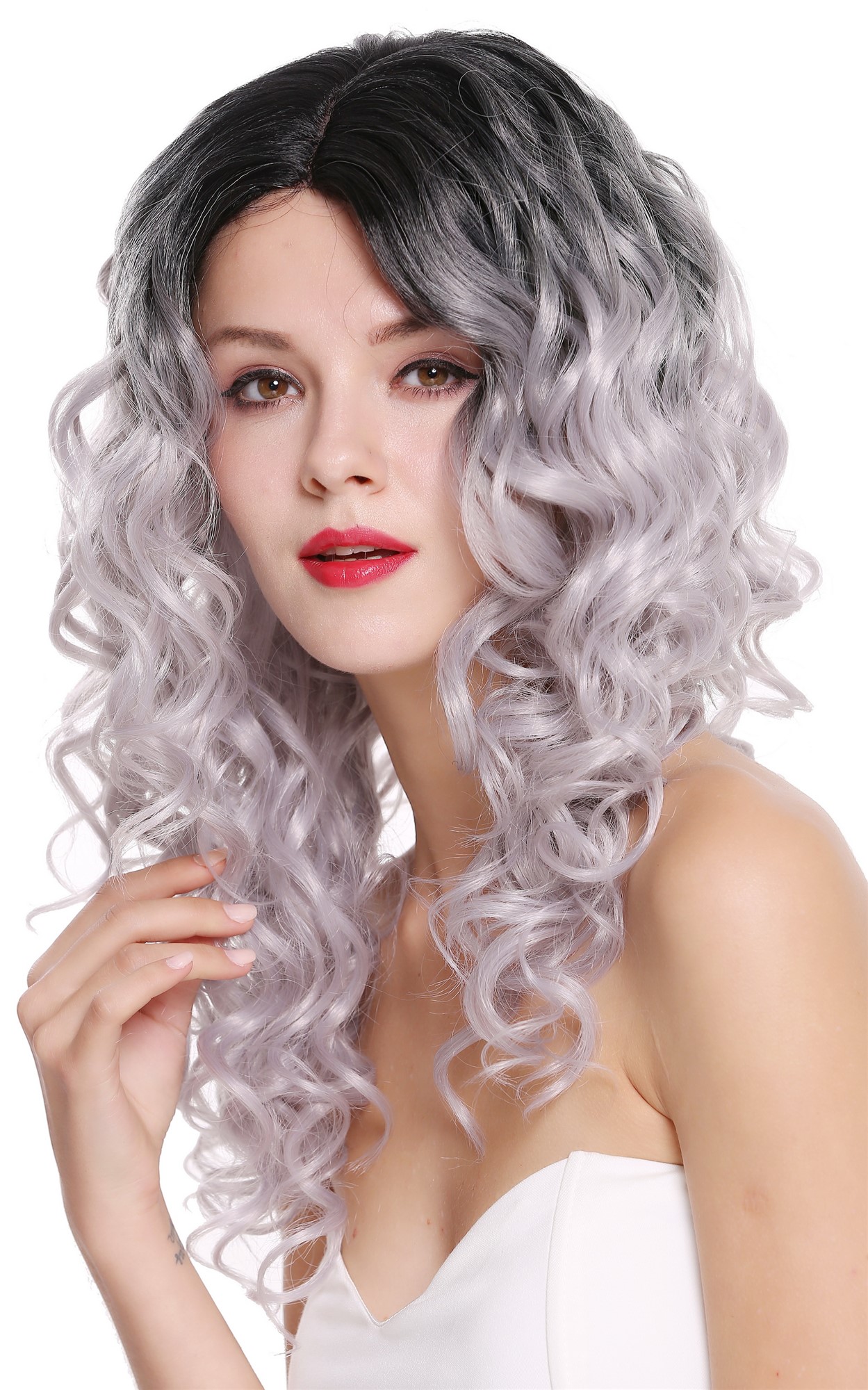 hochwertige Qualitätsperücken, Perücke Locken Volumen Lang Scheitel Ombre Schwarz Grau RGF-6467C-T1B/SILVER, Ansicht 3, WIG ME UP: Ihr Perücken Online Shop lockige Tressen-Perücke mit Kopfhaut-Imitat Schwarz-Silbergrau lange Haare für Damen