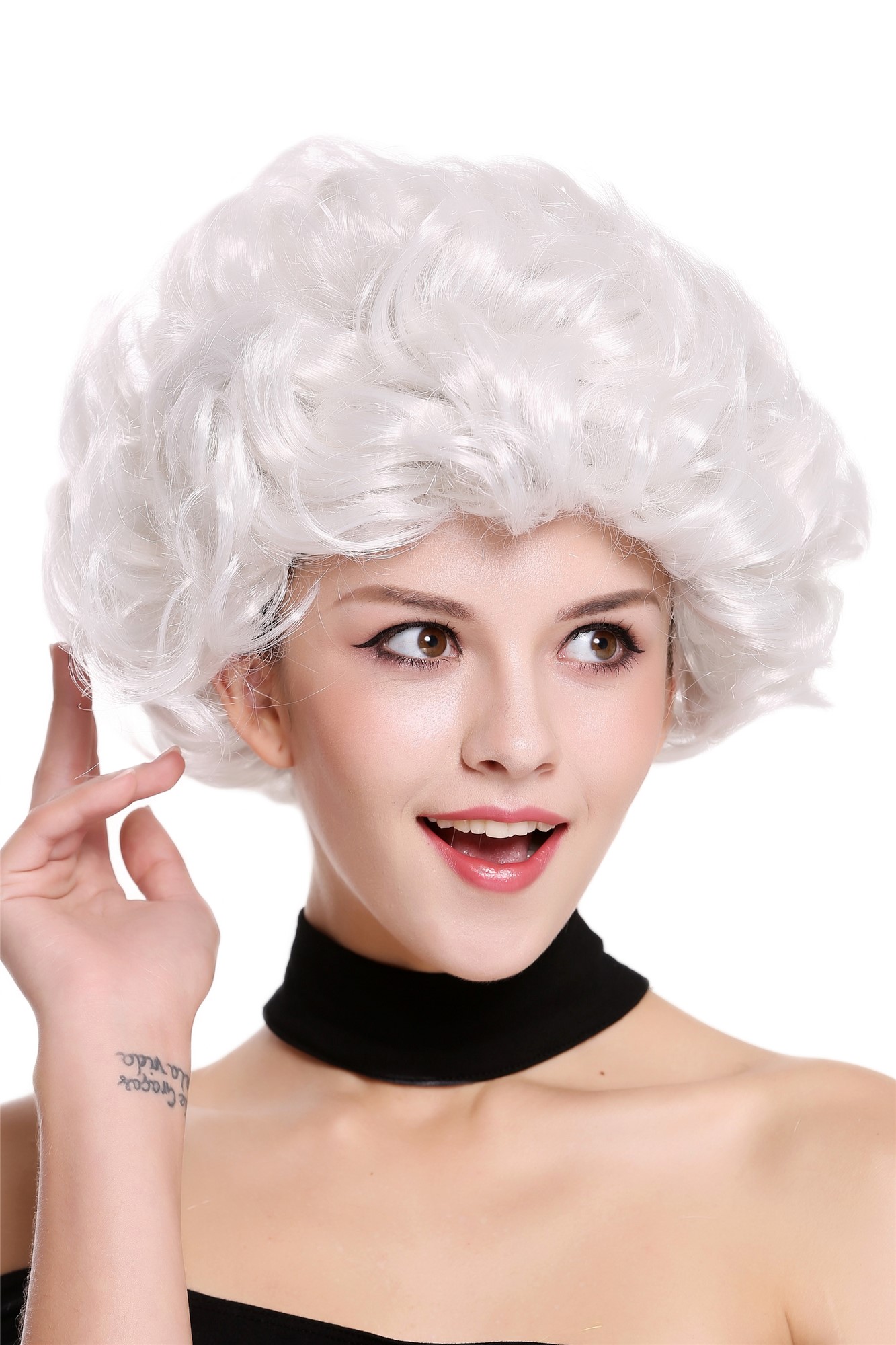Lady Party Wig white curls curly volume Granny old older High Society Dame 91097, front view, WIG ME UP: Your Perücken Online Shop Party Wig, Ladies, Grey, wavy, short