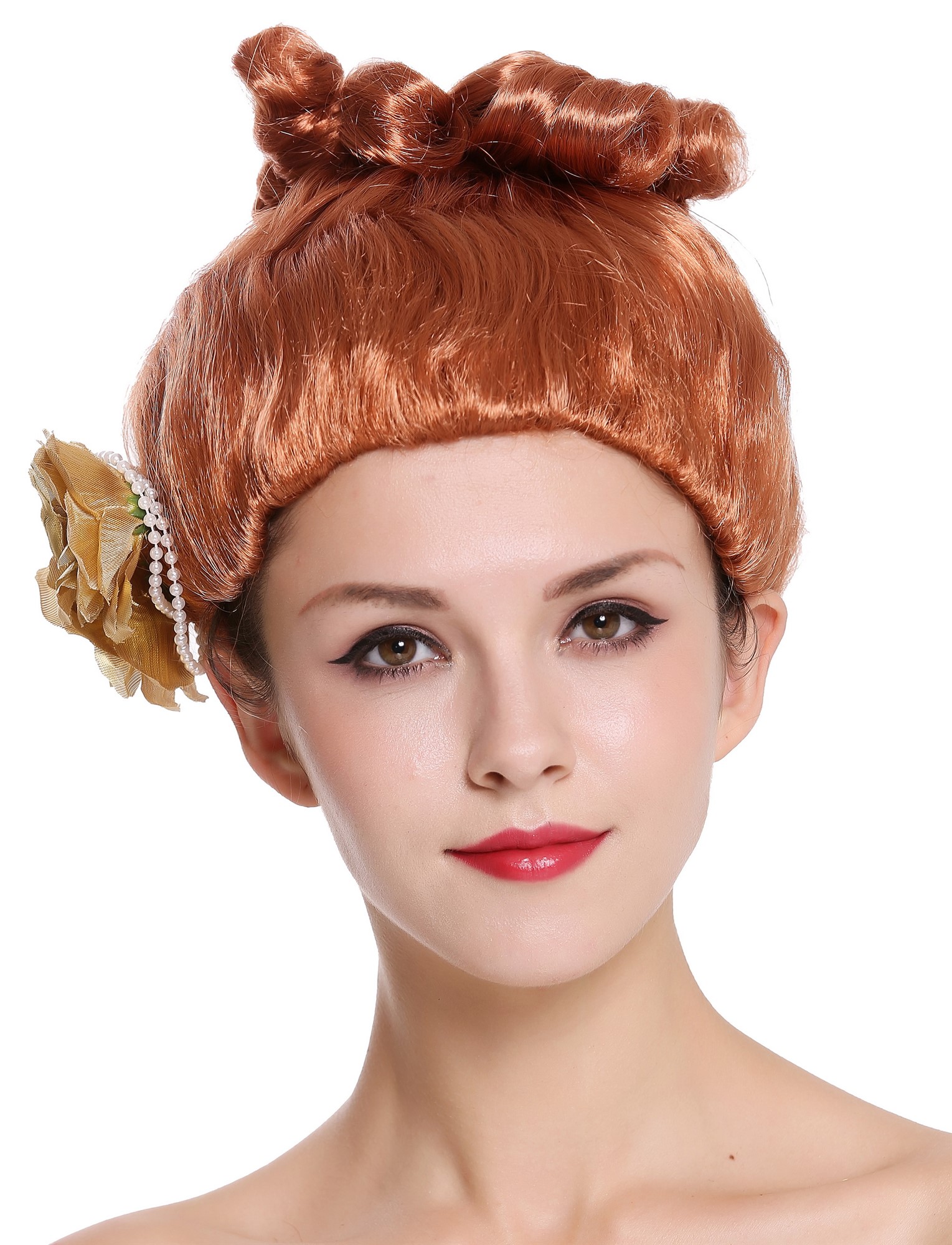 günstige Party Perücke, Perücke hochgesteckt rote mit Rose CXH-005-P130, Vorderansicht, WIG ME UP: Ihr Perücken Online Shop lockige Party Perücke Rot kurze Haare für Damen