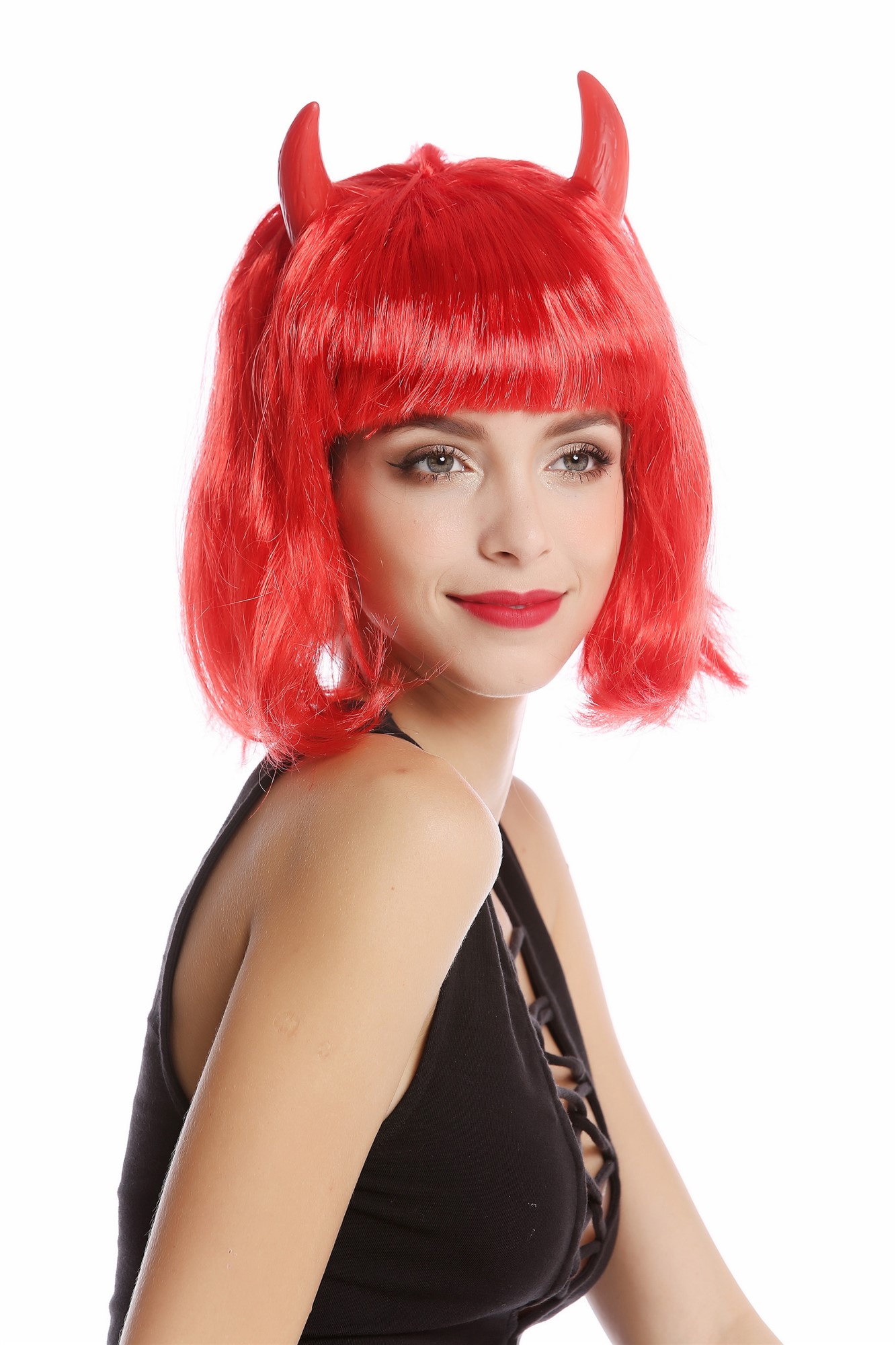 91421-ZA13 Wig Lady Women Halloween She-Devil Demon Devil Longbob Bob Horns red, view 4, WIG ME UP: Your Perücken Online Shop Party Wig, Ladies, Red, straight, short