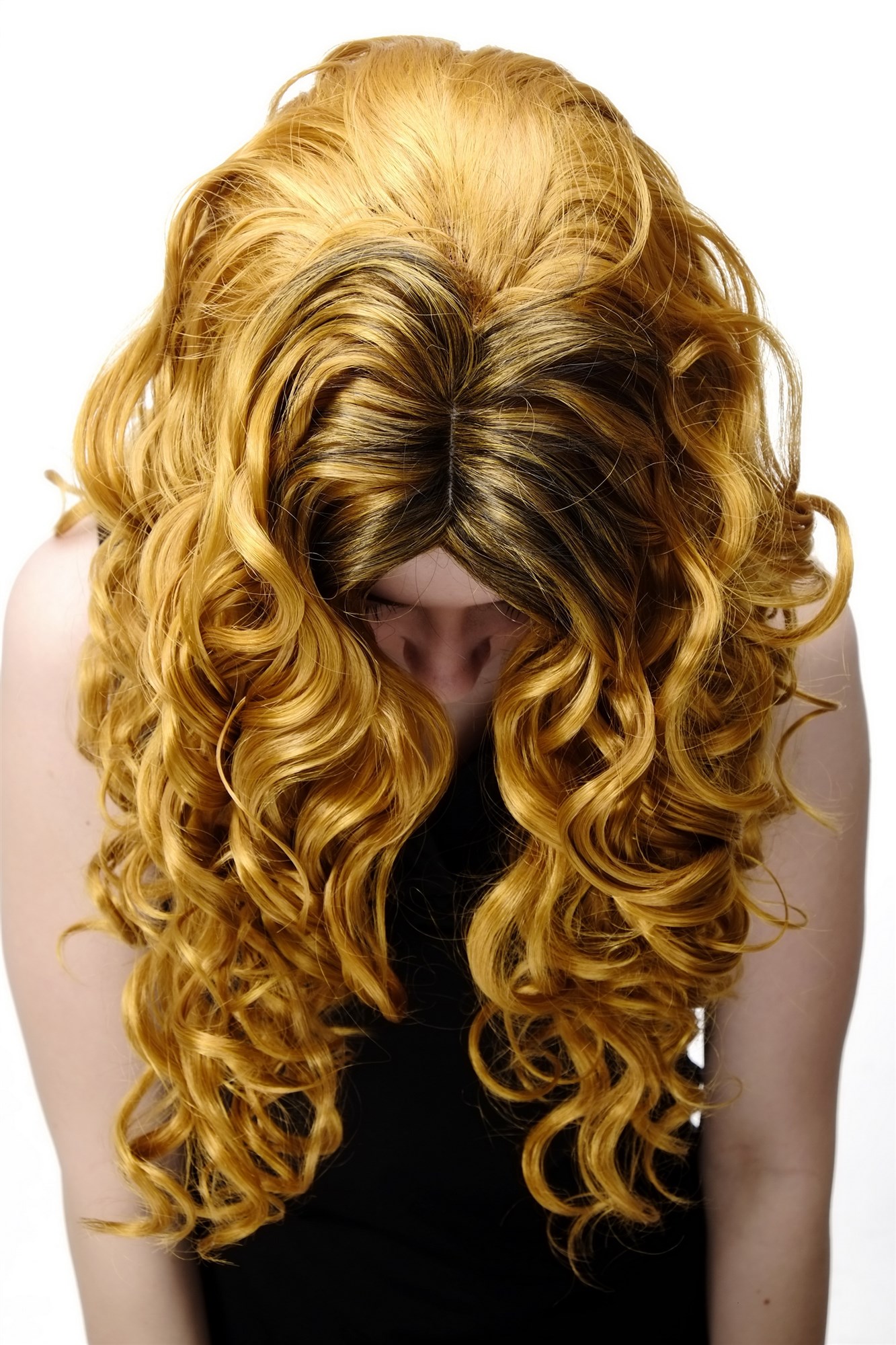 hochwertige Qualitätsperücken, Perücke Gold Schwarz Locken GFW1682-144+1, Ansicht 5, WIG ME UP: Ihr Perücken Online Shop lockige Tressen-Perücke mit Kopfhaut-Imitat Schwarz + Gold-Bronze lange Haare für Damen