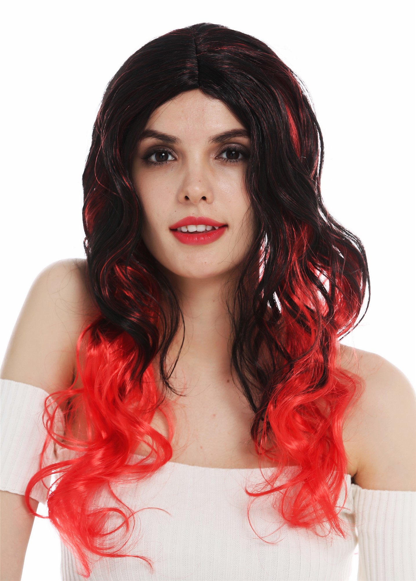 Wig Halloween women long middle parting wavy black red tips devil witch DEC203, front view, WIG ME UP: Your Perücken Online Shop Party Wig, Ladies, deep black and bright red mix, wavy, long