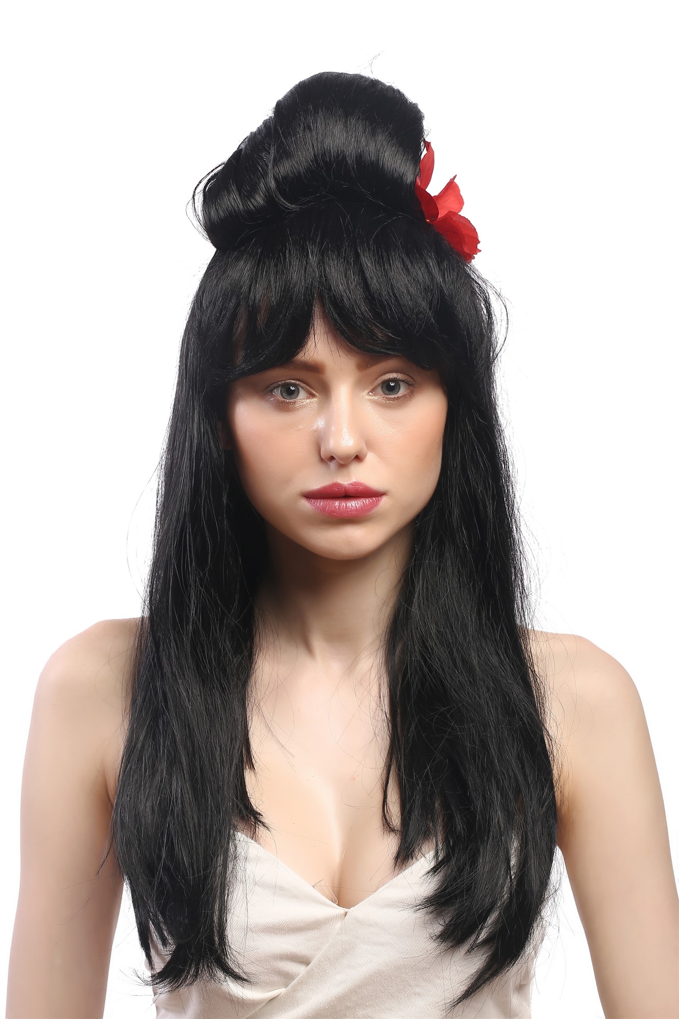Lady Party Wig Fancy Dress black beehive Flower hairbun Tango Carmen Spanish Geisha China Japan, view 4, WIG ME UP: Your Perücken Online Shop Party Wig, Ladies, Black, straight, long