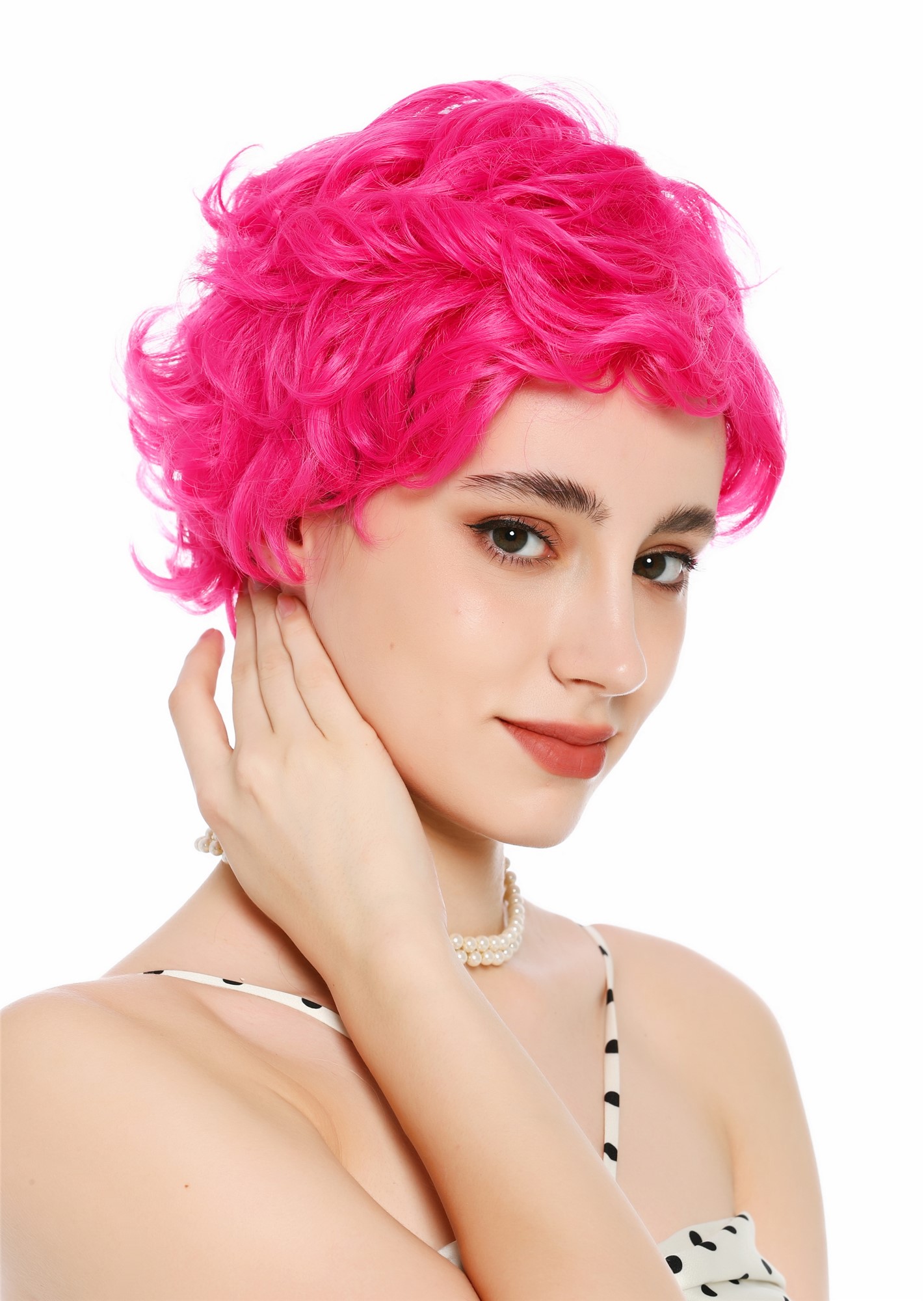 Perücke Damen kurz wild gewellt gelockt Scheitel Pink Rosa VK-70-HTY8D