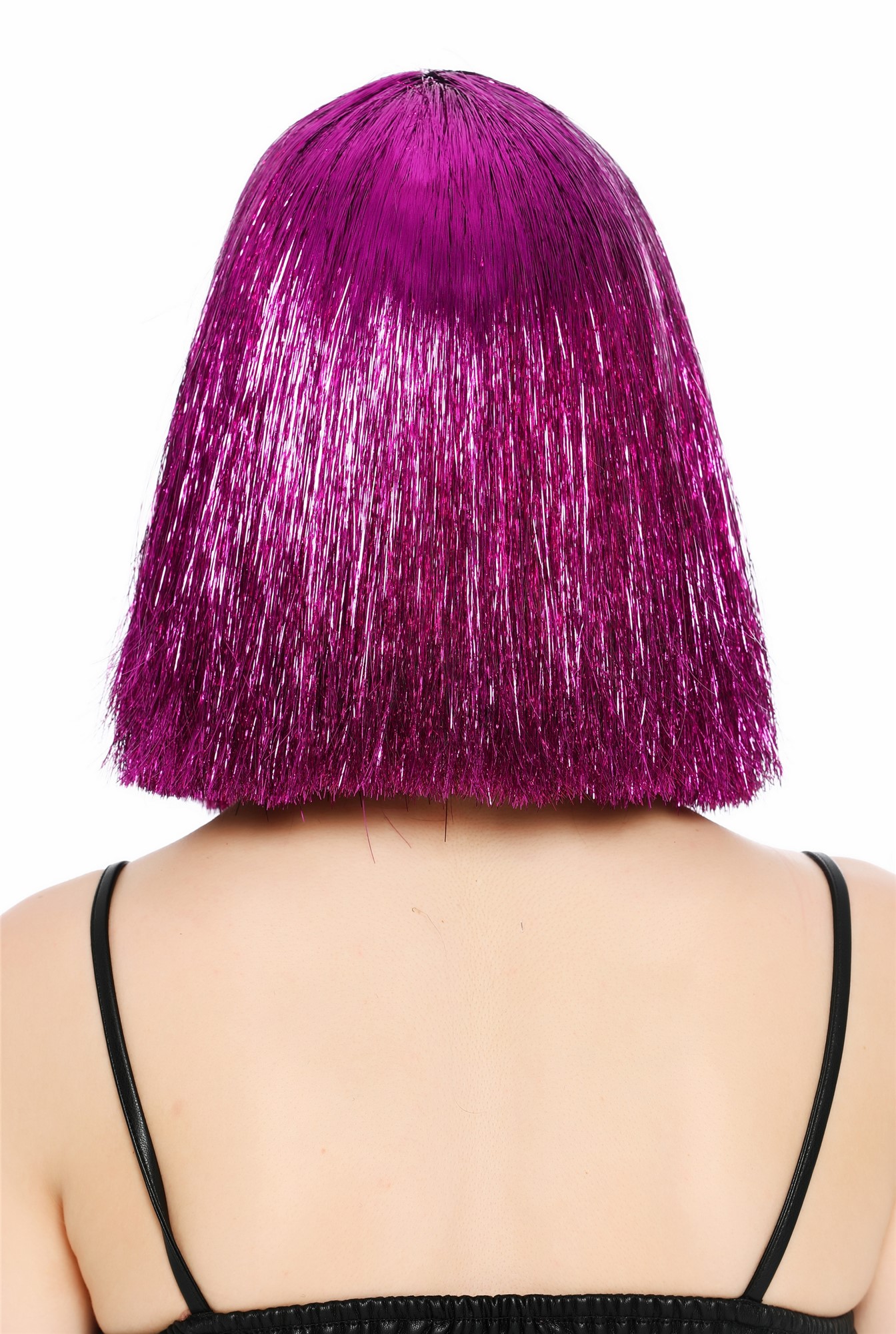 Perücke Damen Glitzer Lametta Tinsel Look Longbob Pony Disco Lila VK-42-TN19