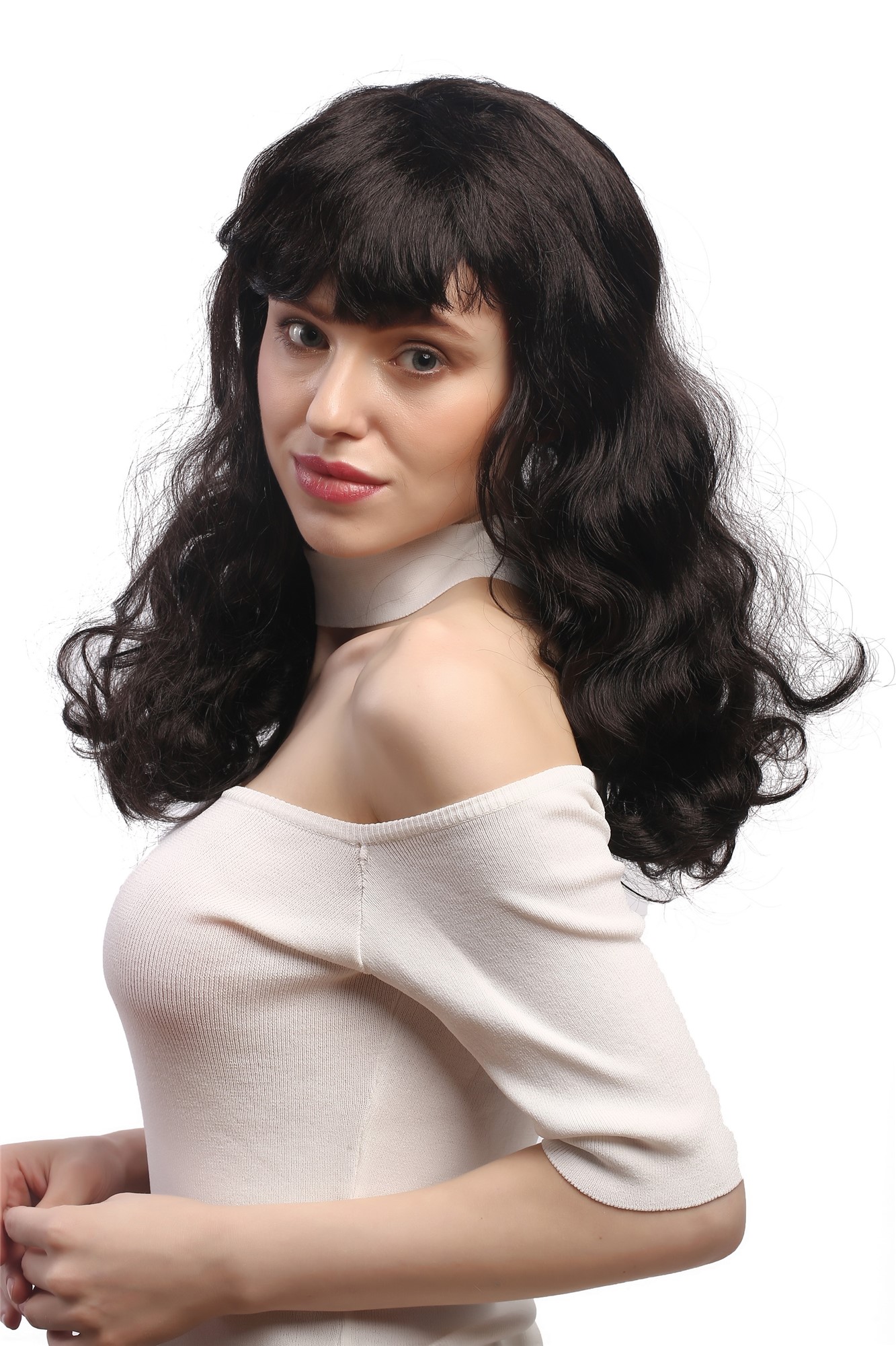 günstige Party Perücke, Perücke Wellig Braun Pony 50er 90942-ZA1, Ansicht 2, WIG ME UP: Ihr Perücken Online Shop wellige Party Perücke Braun schulterlange Haare für Damen