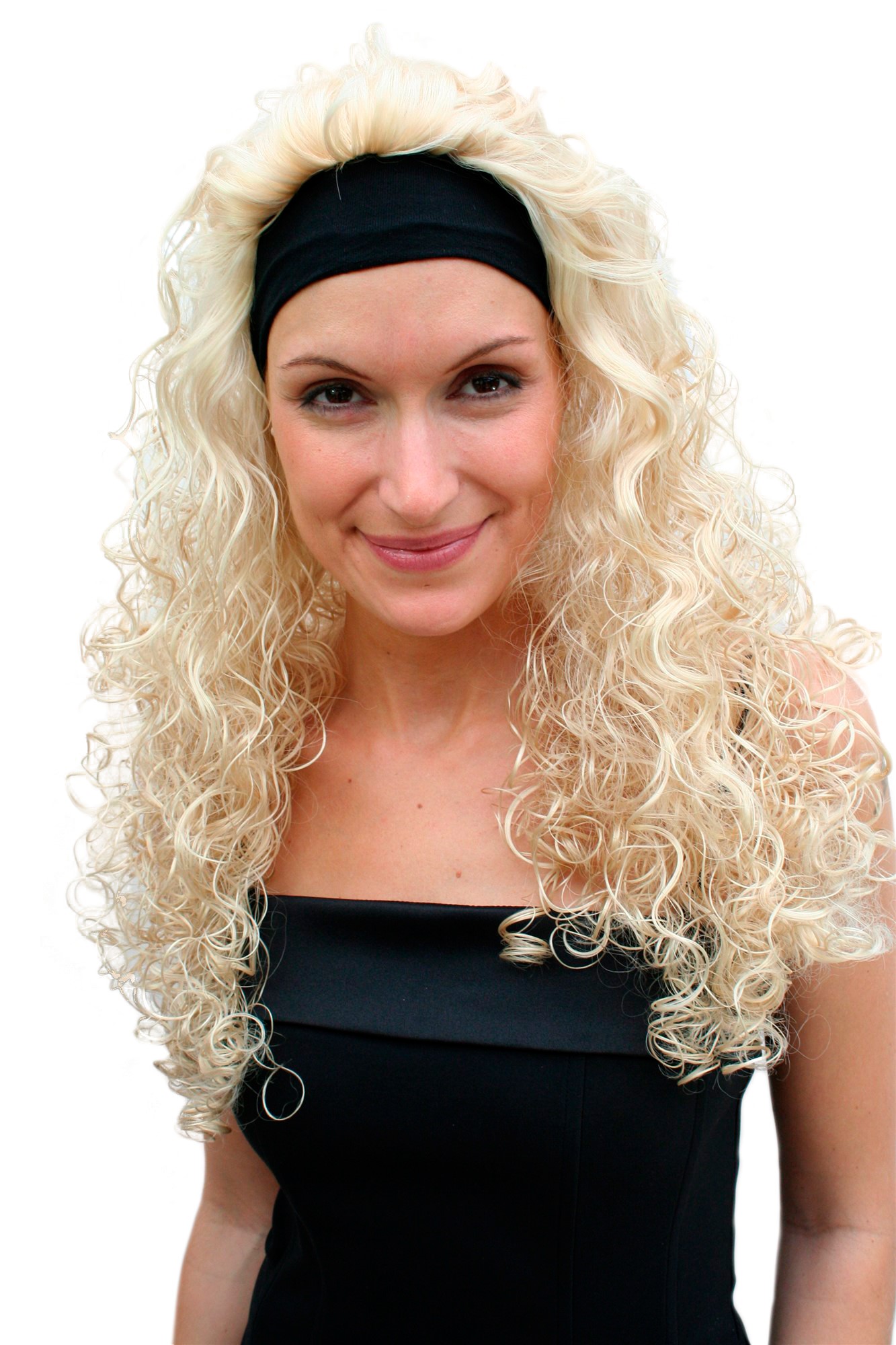 Party Lady women wig headband (fixed to wig) bright blonde curled curls PW0102, front view, WIG ME UP: Your Perücken Online Shop Party Wig, Ladies, White, curled, long