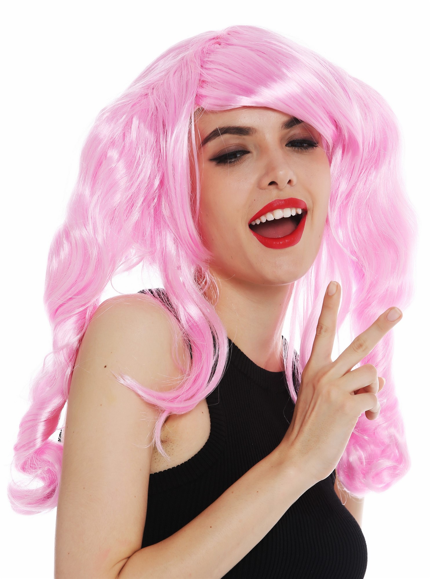 günstige Party Perücke, Perücke Zöpfe Pink Rosa Gothic Lolita 31651-PC28, Ansicht 5, WIG ME UP: Ihr Perücken Online Shop lockige Party Perücke Hellrosa schulterlange Haare für Damen