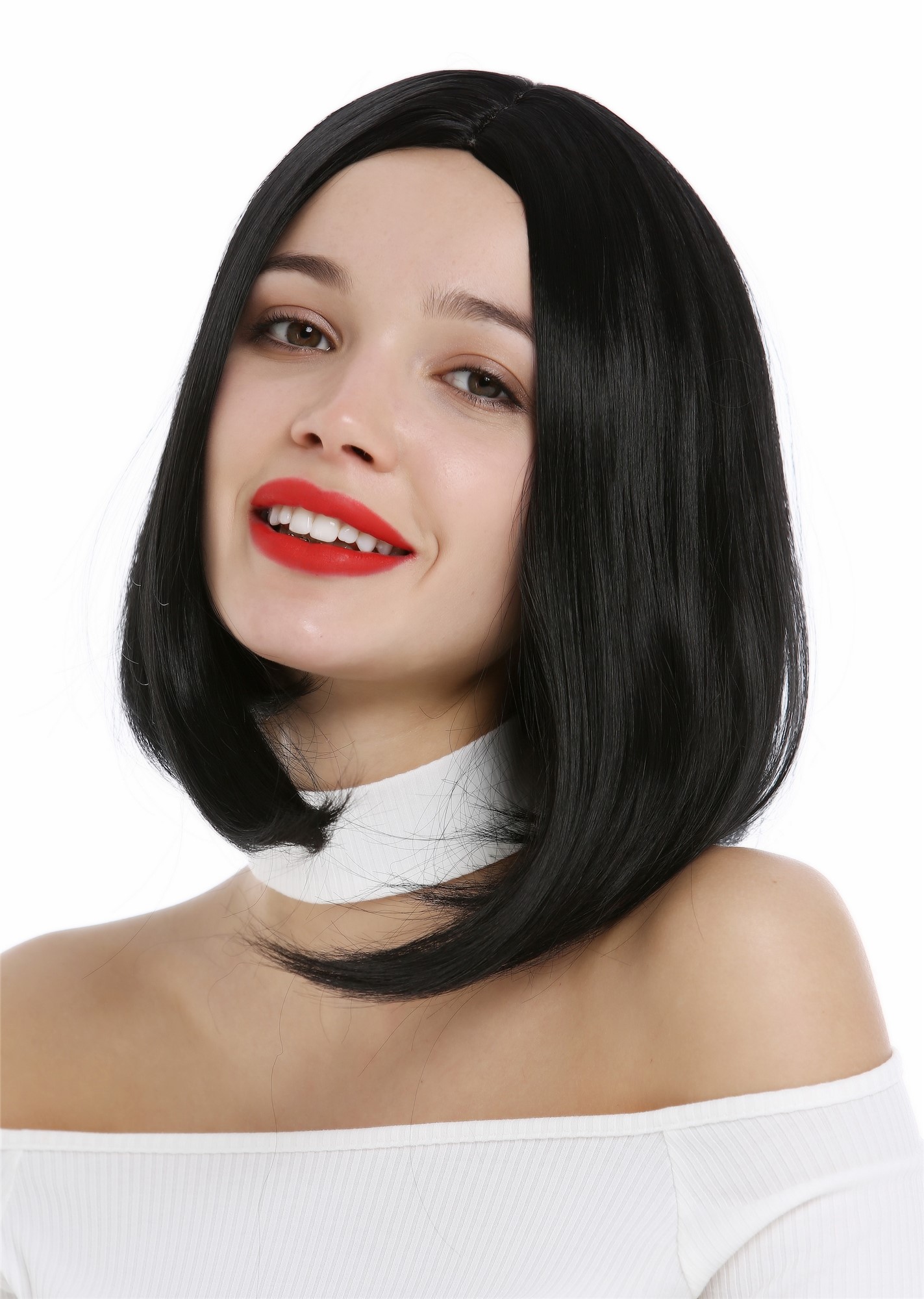 hochwertige Qualitätsperücken, Perücke kurz konkaver Bob Longbob Mittelscheitel Schwarz YZF-4365-1B, Vorderansicht, WIG ME UP: Ihr Perücken Online Shop glatte Tressen-Perücke mit Kopfhaut-Imitat Samtschwarz kurze Haare für Damen