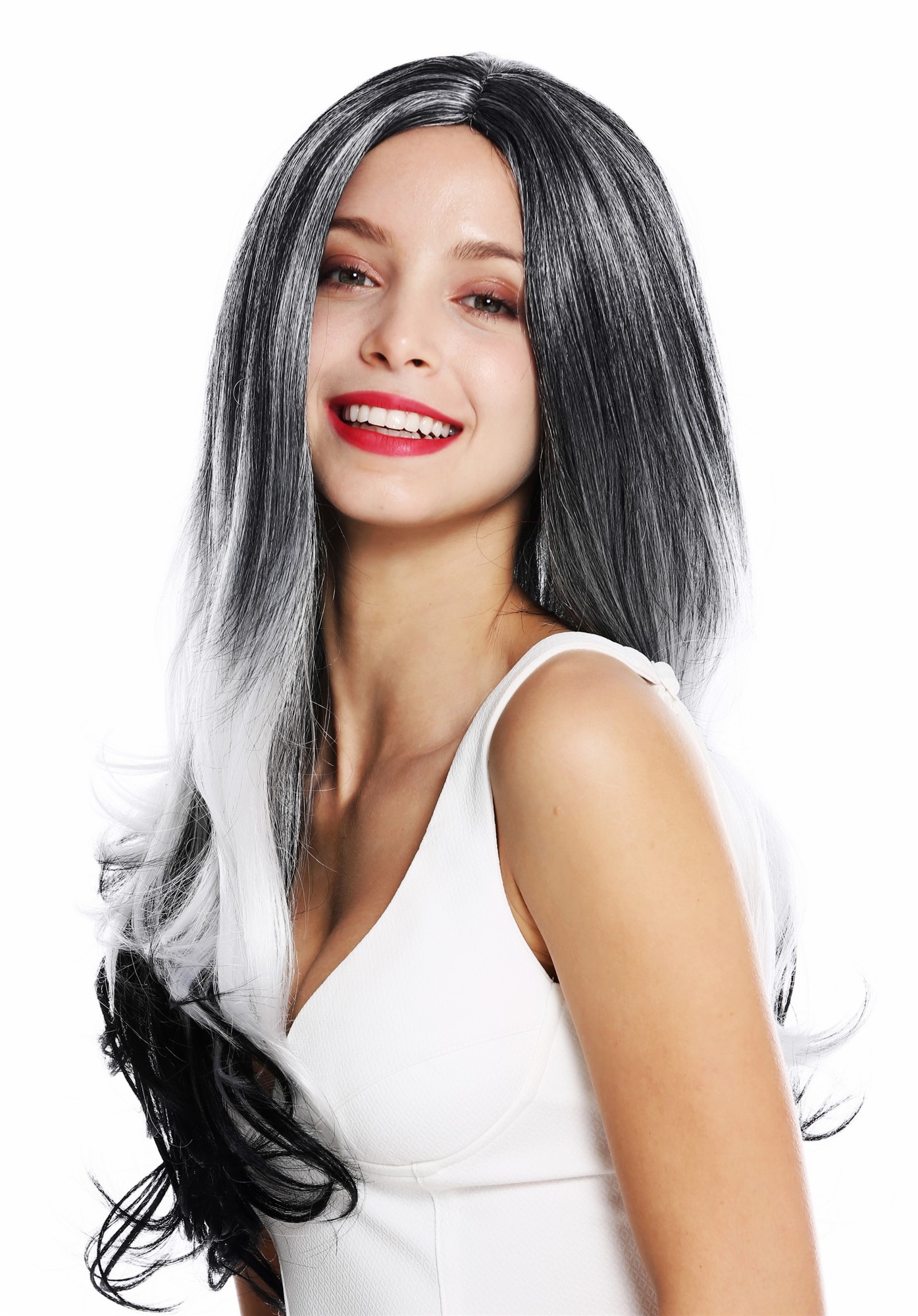 hochwertige Qualitätsperücken, Perücke lang Mittelscheitel Ombre Balayage Schwarz Weiß Grau ZM-1830-TM802/TM1, Ansicht 3, WIG ME UP: Ihr Perücken Online Shop lockige Tressen-Perücke mit Kopfhaut-Imitat Grau-Weiß-Schwarz-Mix lange Haare für Damen