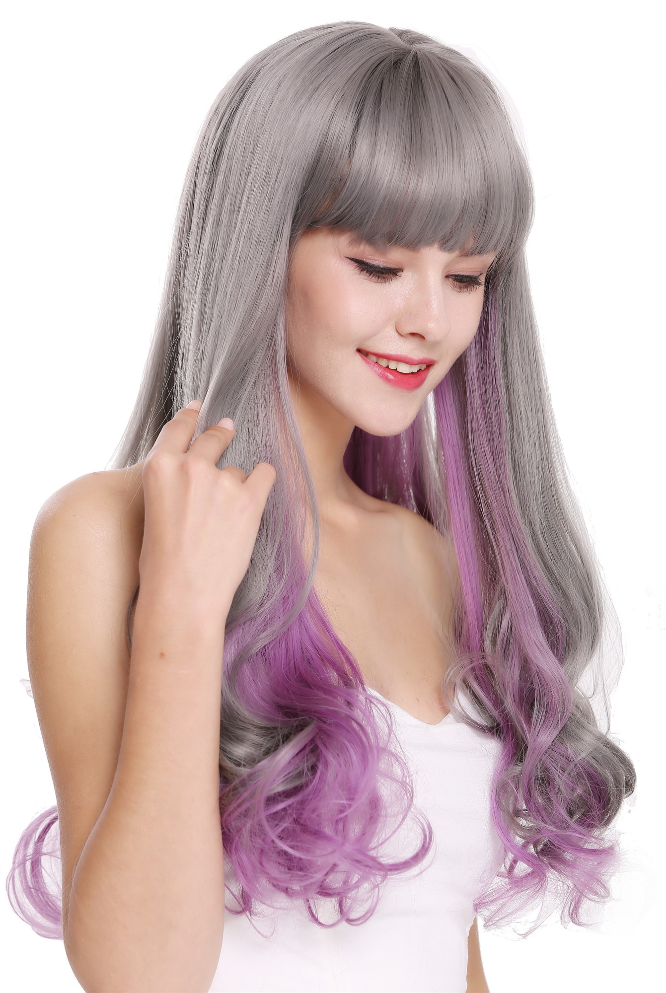 hochwertige Qualitätsperücken, Perücke Lang Glatt Lockig Pony Grau Violett D1819-10AT366, Ansicht 2, WIG ME UP: Ihr Perücken Online Shop lockige Tressen-Perücke mit Kopfhaut-Imitat Aschgrau-Indigoviolett-Mix lange Haare für Damen