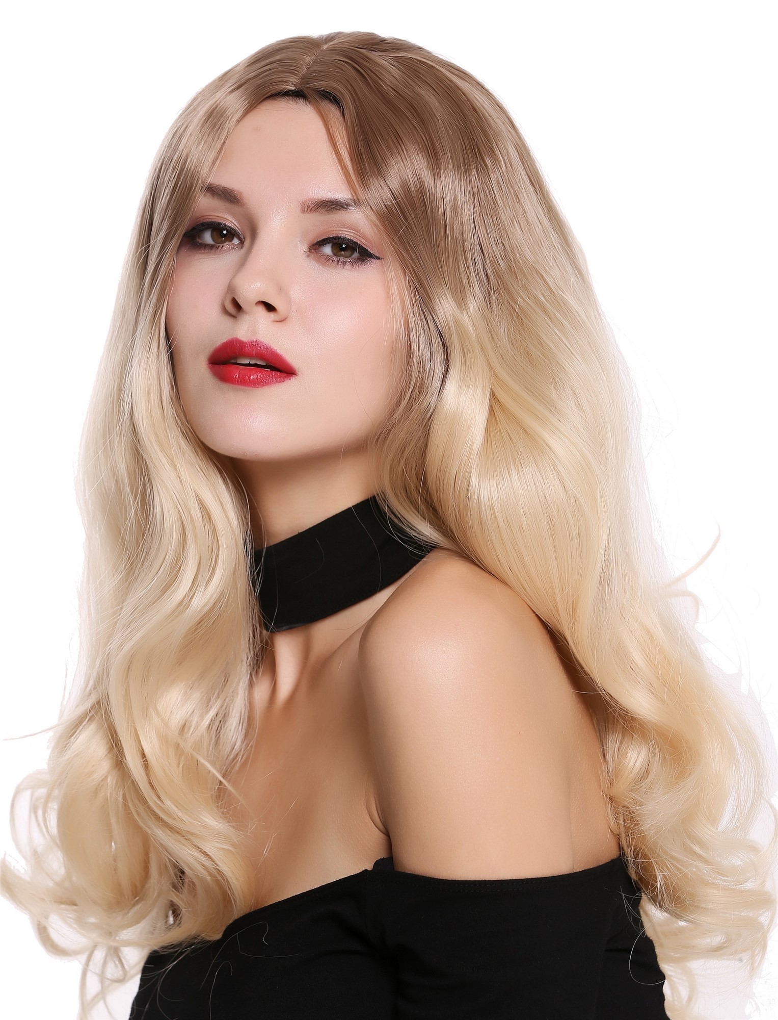 hochwertige Qualitätsperücken, Perücke Lang Mittelscheitel Wellig Ombre Braun Blond ZM-1652-485R10, Ansicht 2, WIG ME UP: Ihr Perücken Online Shop wellige Tressen-Perücke mit Kopfhaut-Imitat Strohblond-Goldbraun-Mix lange Haare für Damen