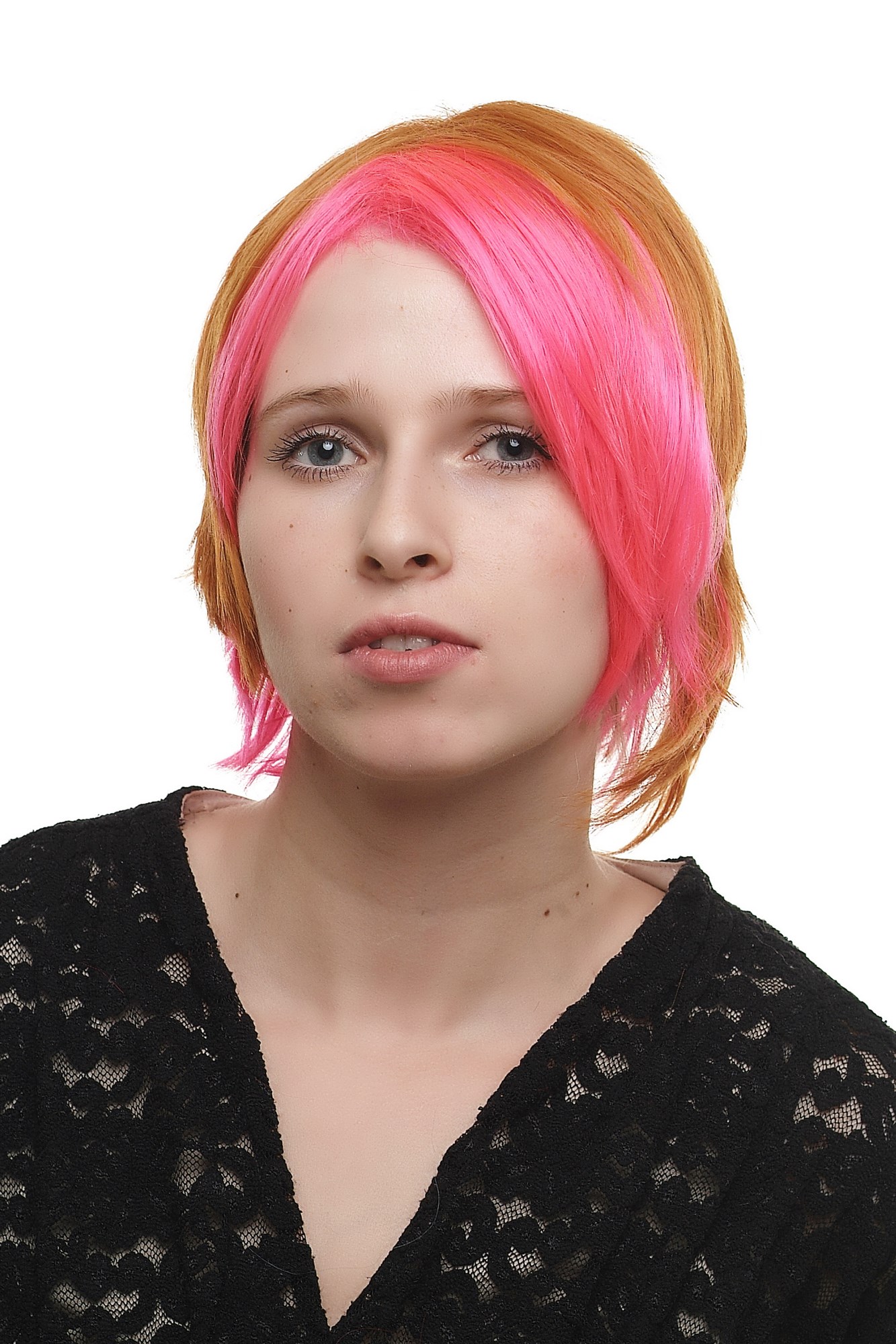 hochwertige Qualitätsperücken, Perücke asymmetrischer gemischtes Rot SA045 Punk Cosplay, Ansicht 6, WIG ME UP: Ihr Perücken Online Shop glatte Tressen-Perücke Rosa-Rot/Orange-Mix kurze Haare für Damen