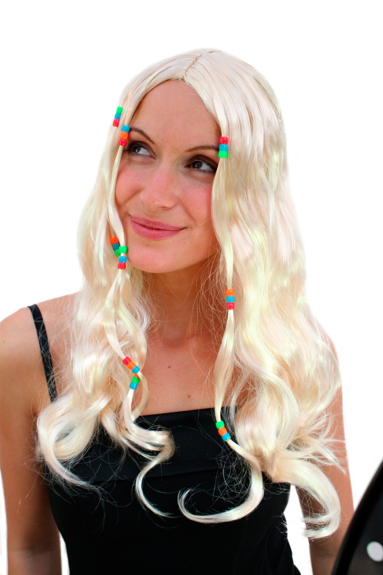 Party/Fancy Dress Wig with pearls HIPPIE flower child beatnik 70ies LONG WHITE BLOND MIDDLE PARTING, front view, WIG ME UP: Your Perücken Online Shop Party Wig, Unisex, Blonde, wavy, shoulder-length