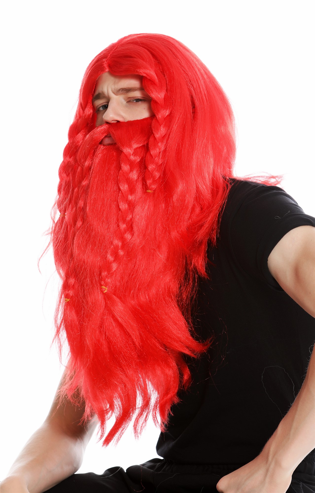 Wig & beard men carnival viking barbarian dwarf red old long plaited RJ033, front view, WIG ME UP: Your Perücken Online Shop Party Wig, Men, Red, Braided, short