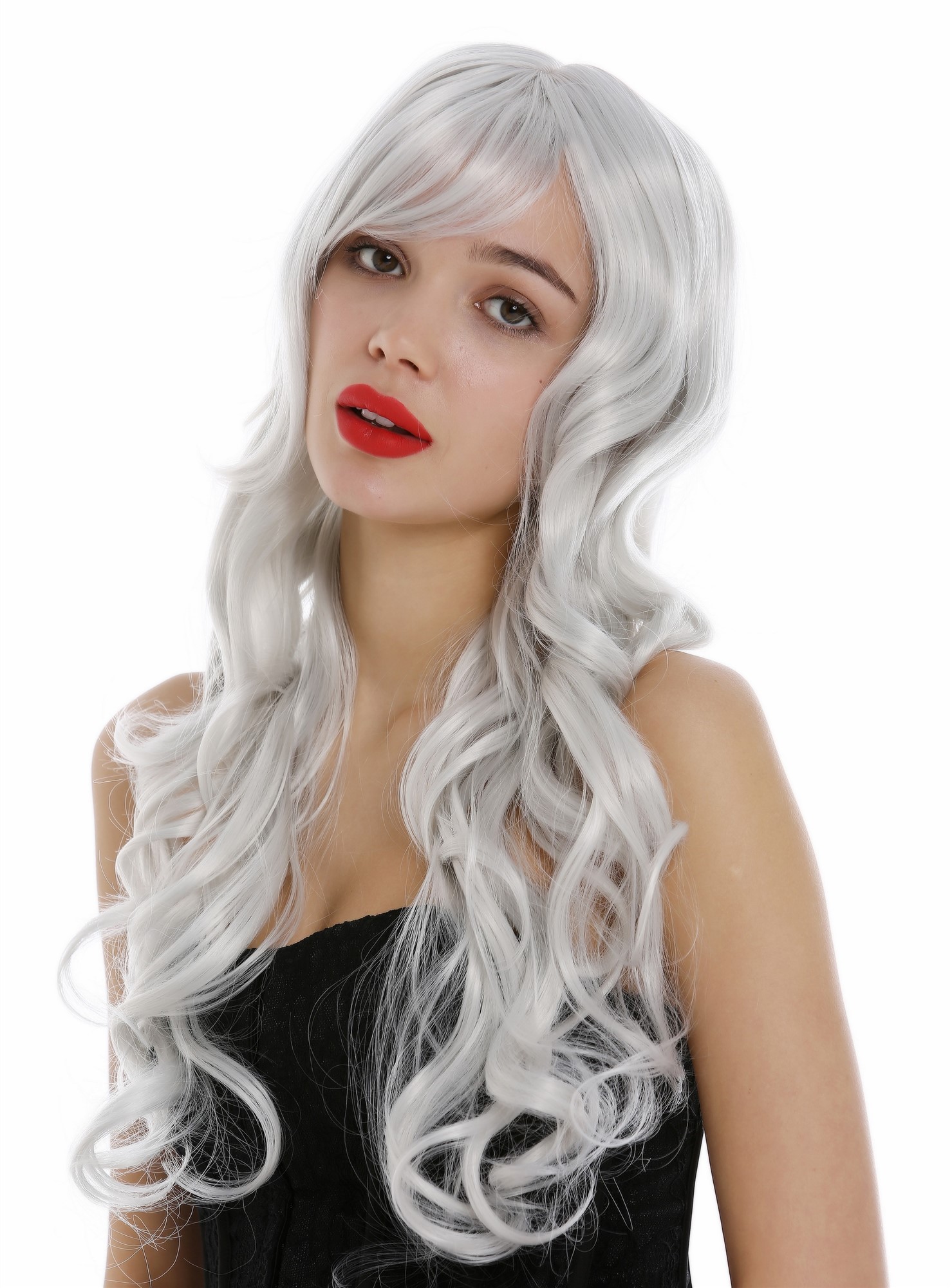 hochwertige Qualitätsperücken, Perücke lang wallendes Haar wellig leicht lockig Grau Weißgrau 9204S-001, Ansicht 5, WIG ME UP: Ihr Perücken Online Shop lockige Tressen-Perücke mit Kopfhaut-Imitat Weißgrau lange Haare für Damen