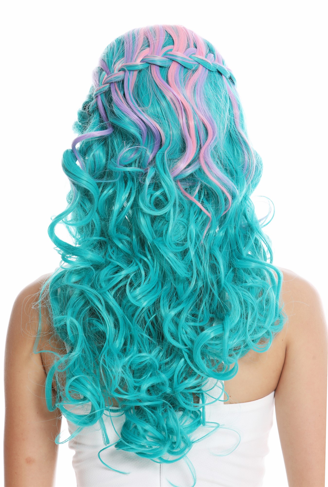 hochwertige Qualitätsperücken, Perücke lang geflochten Mittelscheitel Türkis Lila Rosa Mix GFW3497-T5126+T3815+T2311, Ansicht 4, WIG ME UP: Ihr Perücken Online Shop geflochtene Tressen-Perücke mit Kopfhaut-Imitat Grün-Lila-Rosa-Mix lange Haare für Damen