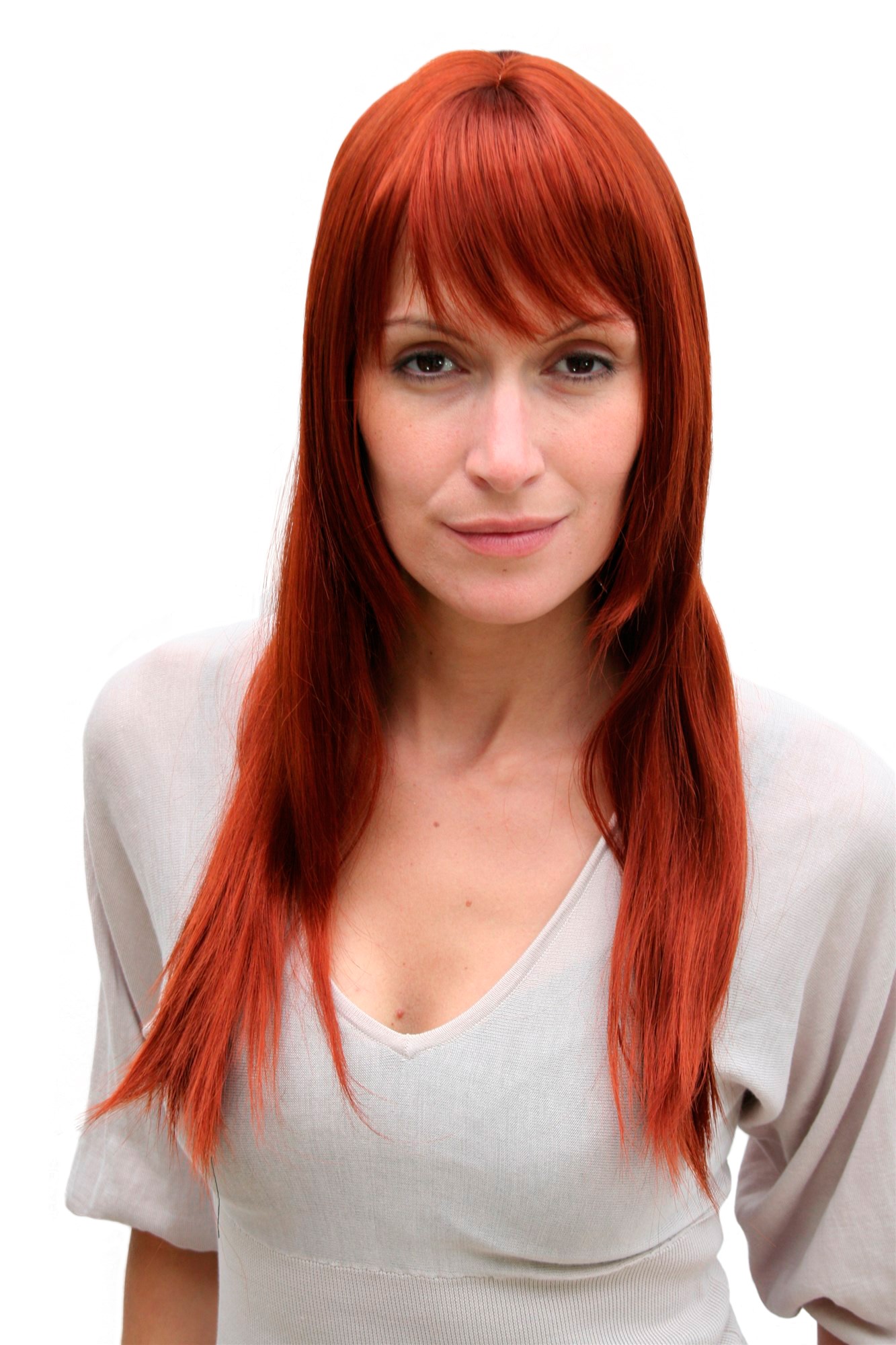 Lady women wig medium long straight sleek fringe bangs copper brown auburn 3280, front view, WIG ME UP: Your Perücken Online Shop Quality Wigs, Ladies, rust red, straight, long