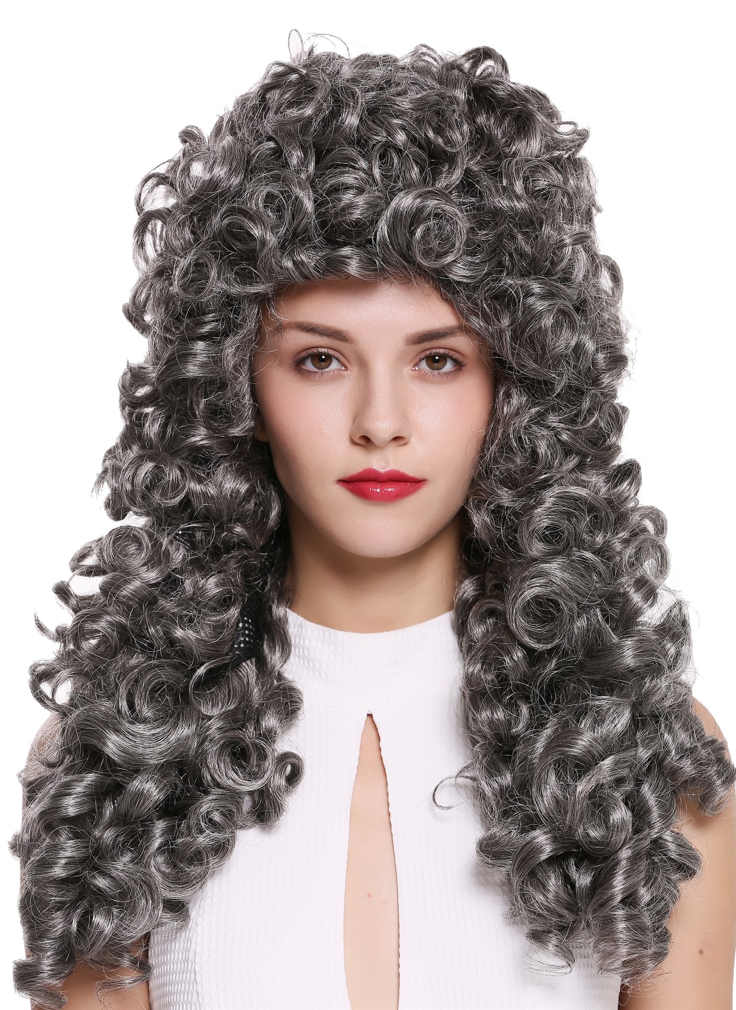 hochwertige Qualitätsperücken, Perücke Lang Locken Barock Renaissance Edelmann Grau B17-2P-B-44, Ansicht 2, WIG ME UP: Ihr Perücken Online Shop lockige Tressen-Perücke mit Gummizug Dunkelbraun-Grau-Mix lange Haare für Herren